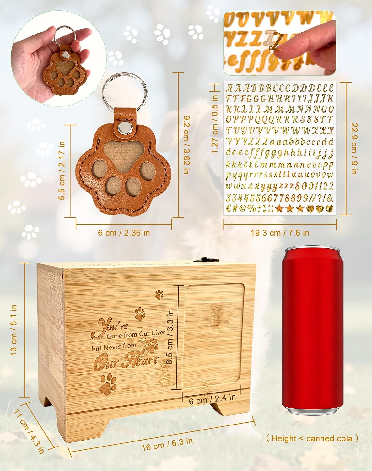 Pet Urn, Wooden Pet Memorial Urns with Photo Frame for Dog or Cat Ashes, Memory Gift Box with Personalised DIY Alphabet Number Stickers & Dog Cat Hair Storage Keychain