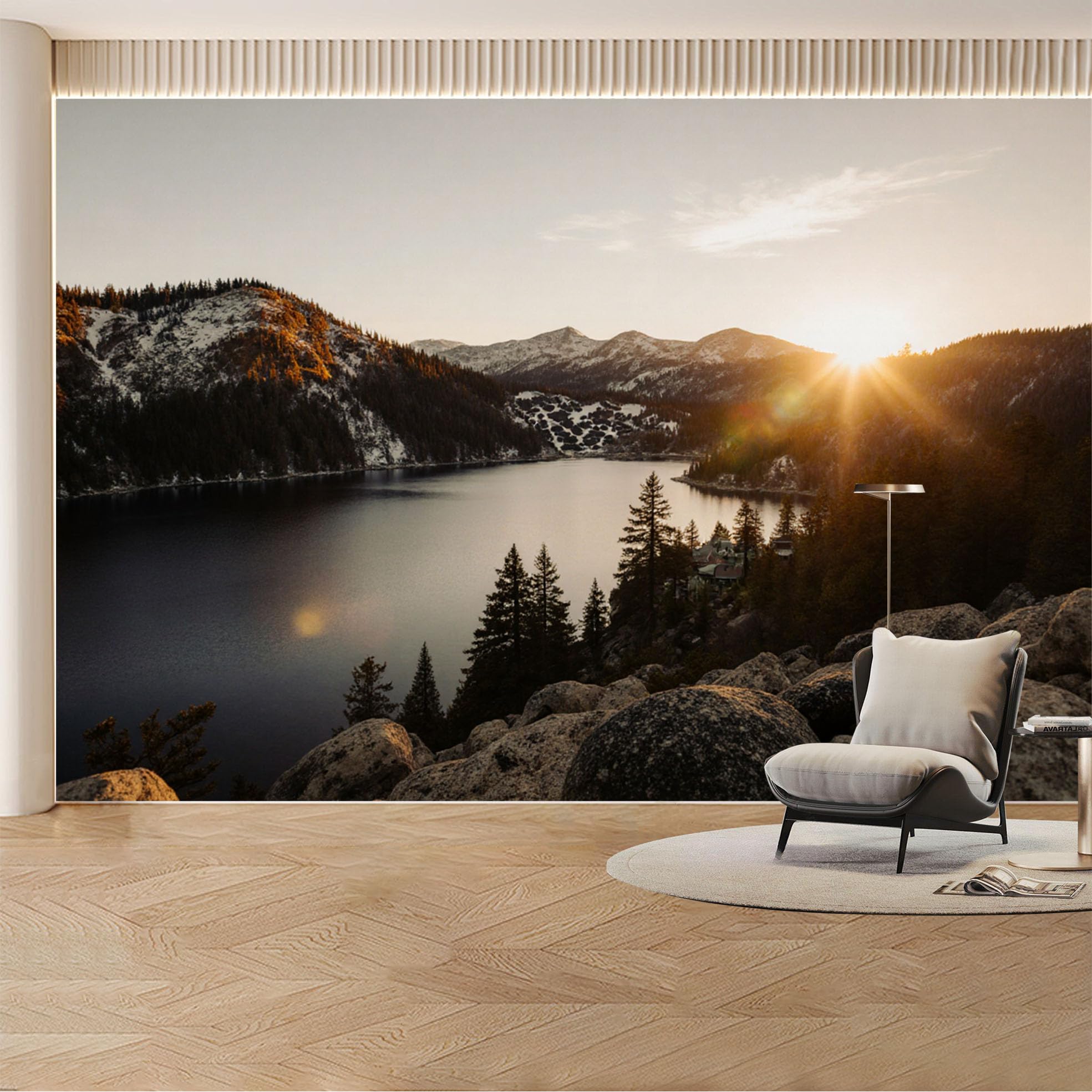 Custom Wall Mural Wallpaper Mountain Lake Landscape Nature 3D Effect Wall Decor Sunset Removable SelfAdhesive Large Photo for Living Room， Bedroom， Office