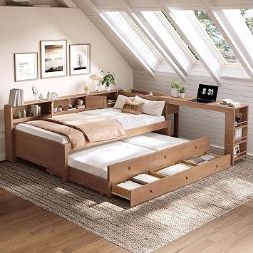 SOFTSEA Twin Size Day Bed with Trundle, Storage & Desk, Wood Corner Bed Frame with Storage Drawers, Shelves & Pull-Out Desk for Living Room, Guest Room, No Box Spring Needed, Brown