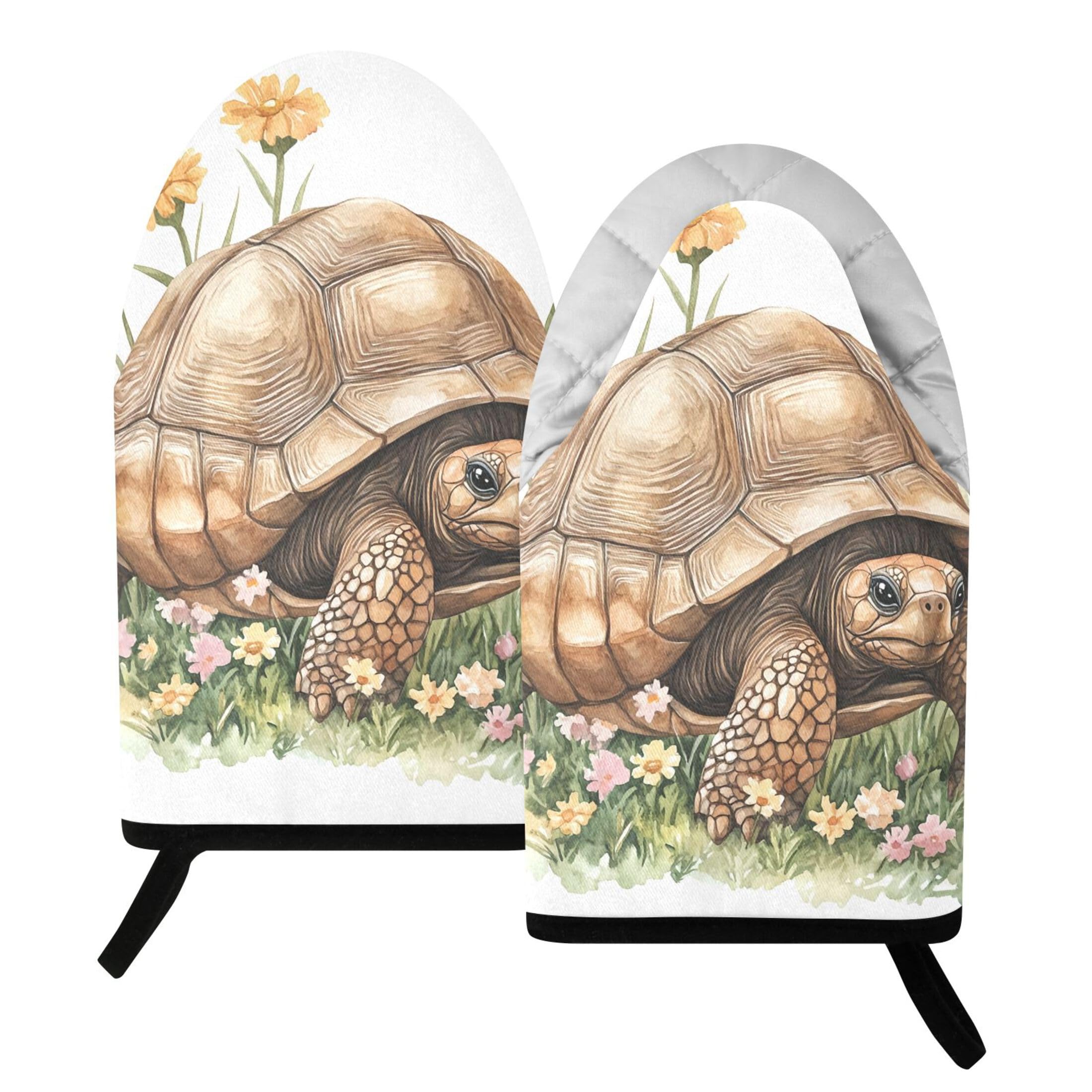 Kutsu Watercolor Tortoise Oven Mitts for Kitchen, Heat Resistant Cotton Oven Gloves for BBQ Baking Cooking, Breathable Kitchen Essentials, 2 pcs