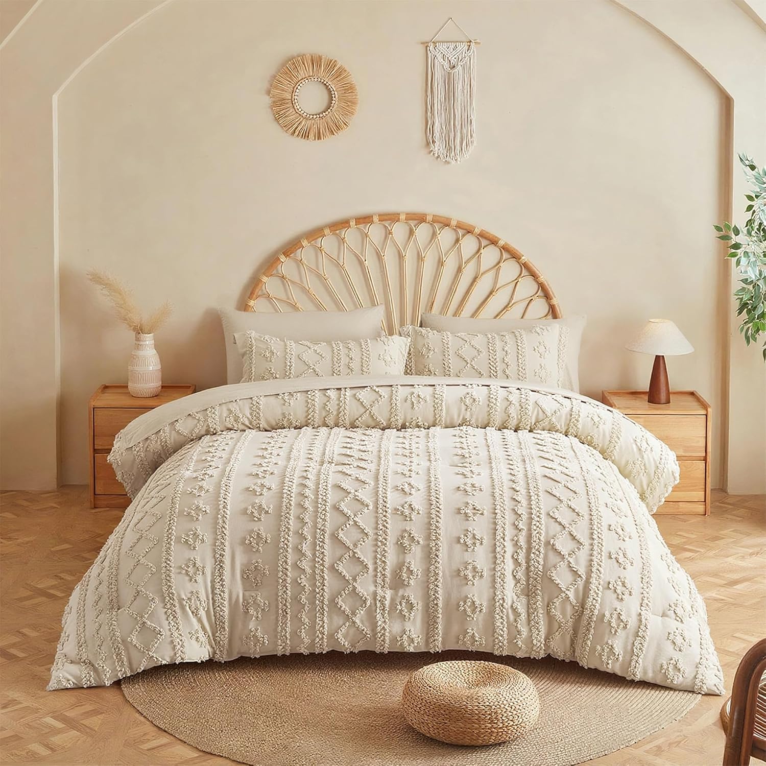 MR&HM Beige Comforter Set Queen, Tufted Boho Bedding Set, Farmhouse Bed in a Bag Set 7 Pieces with 1 Comforter, 2 Pillow Shams, 2 Pillowcases, 1 Flat Sheet, 1 Fitted Sheet for All Seasons 1- Beige Queen