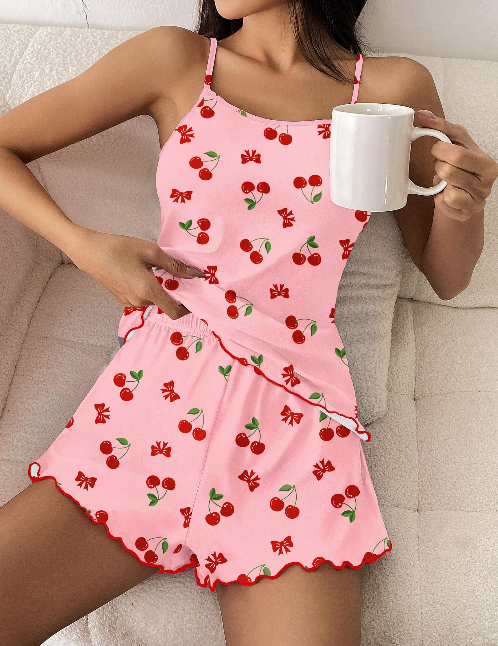 Ekouaer Pigiama Donna Estivo Corto Sexy Pigiami Fionda Canotta Stampa Senza Maniche Casual Set Volant Morbido Comodo Pigiamas, S-XXL