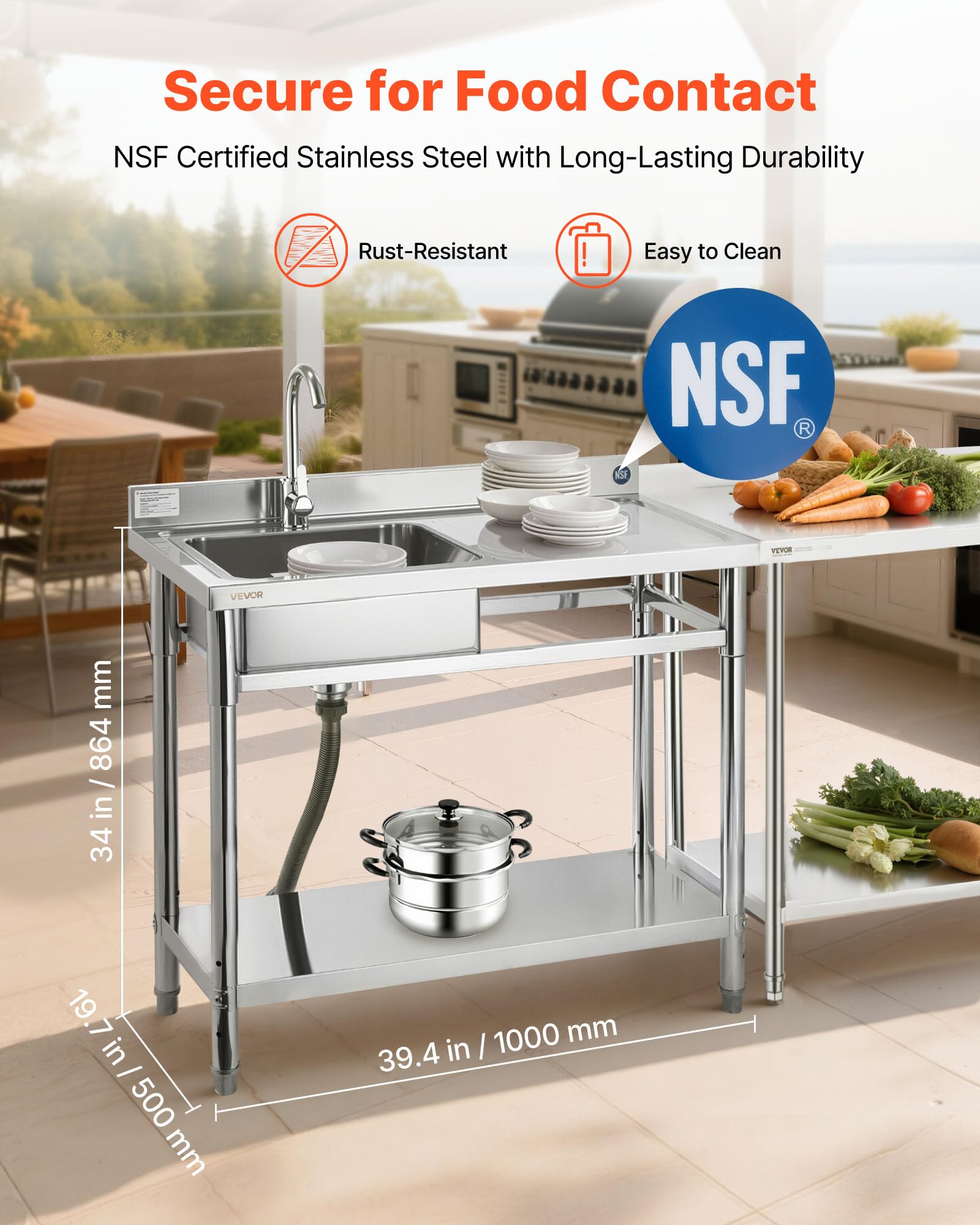 VEVOR Fregadero de Cocina Utilitario de Acero Inoxidable, con Cubeta Izquierda, Incluye Grifo y Tuberías para Agua Fría y Caliente, para Garaje, Restaurante, Lavandería, 100 x 50 x 94 cm, Plata