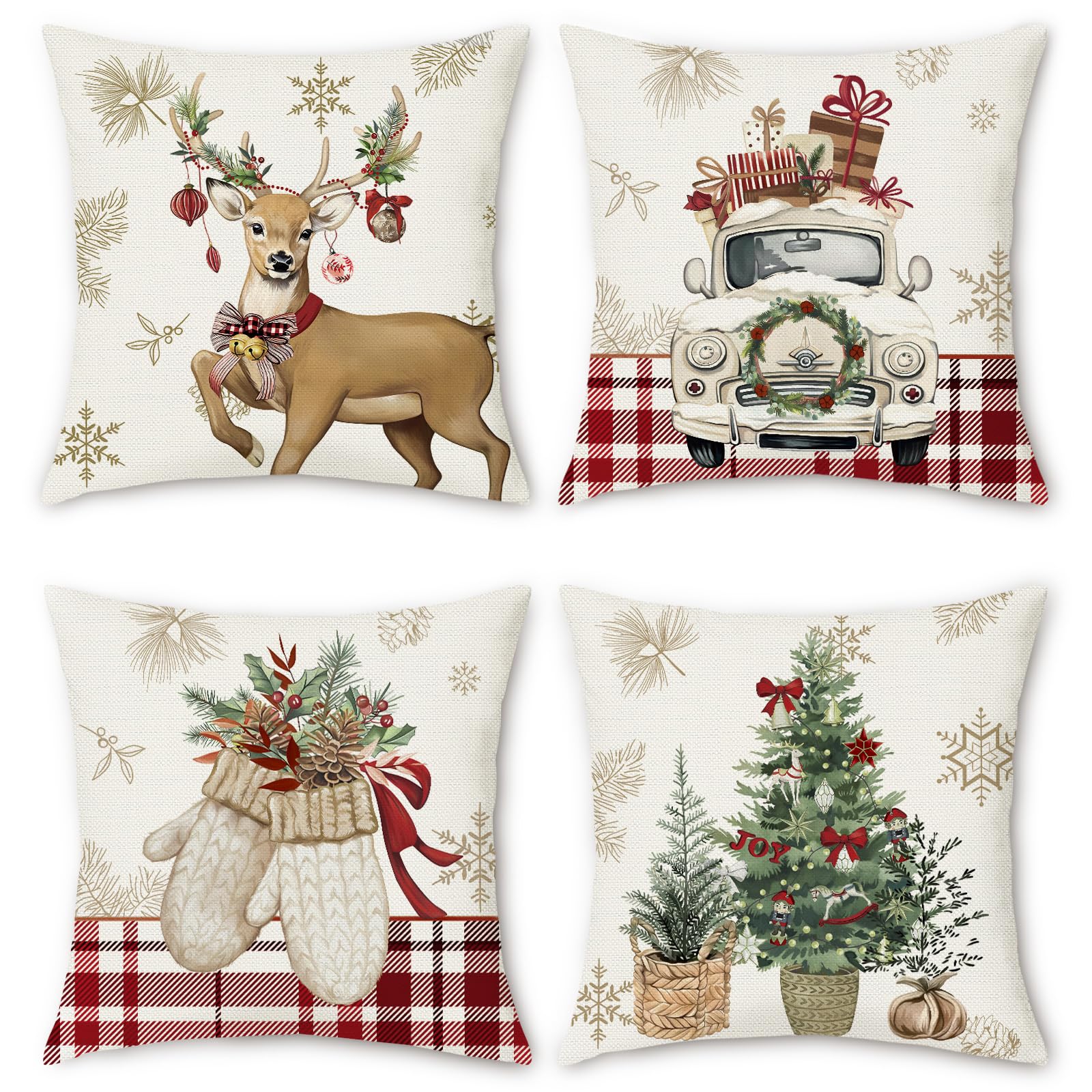 Bonhause Winter Cushion Covers 45 x 45 cm Reindeer Gloves Trees Truck Red Plaids Decorative Throw Pillow Covers for Sofa Bed Home Patio Winter Holiday Decor Set of 4