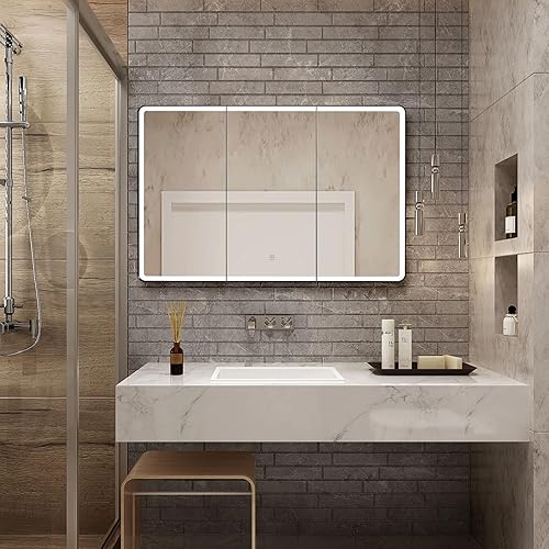 Miniatura 8 de Botiquín LED para baño con puerta de espejo con marco de esquina redonda, 22 x 20 pulgadas, empotrado o montaje en superficie, con estantes de