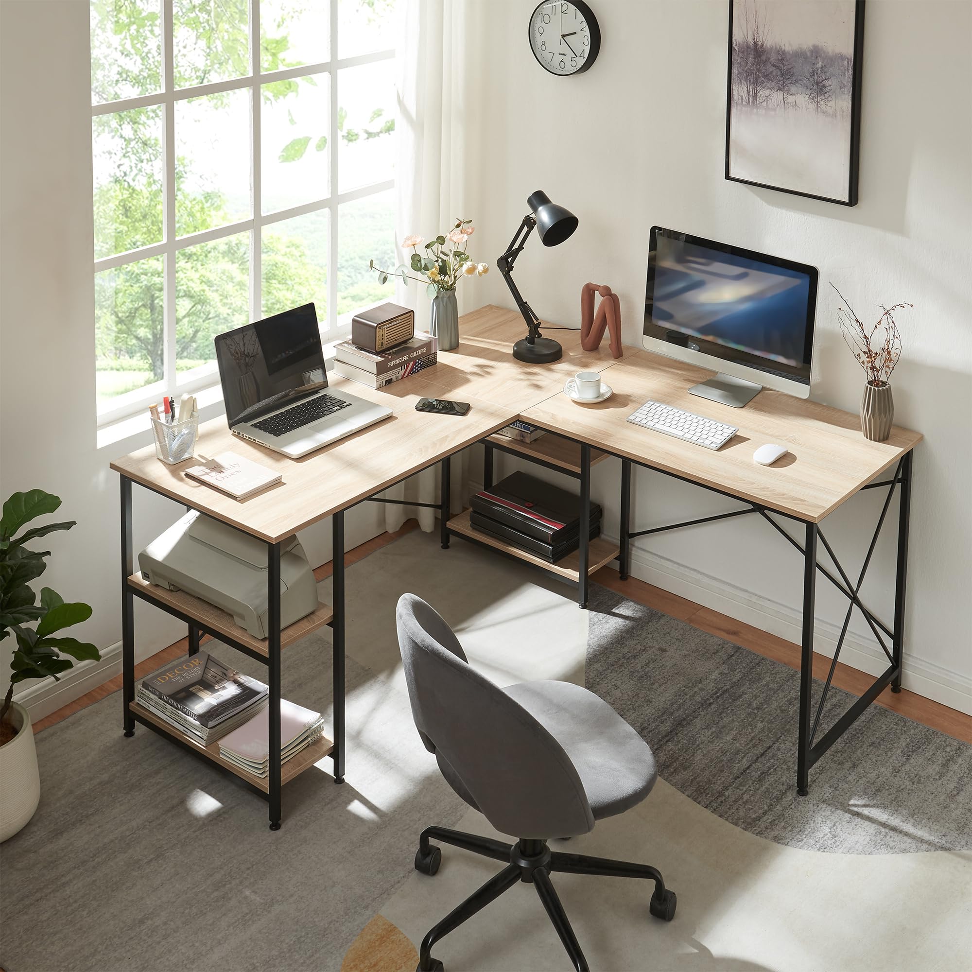 [en.casa] Scrivania Angolare o Lineare con Ripiani Tavolo Componibile a L o Dritto Tavolo per Ufficio Studio Postazione PC Banco da Lavoro - Nero/Effetto Rovere