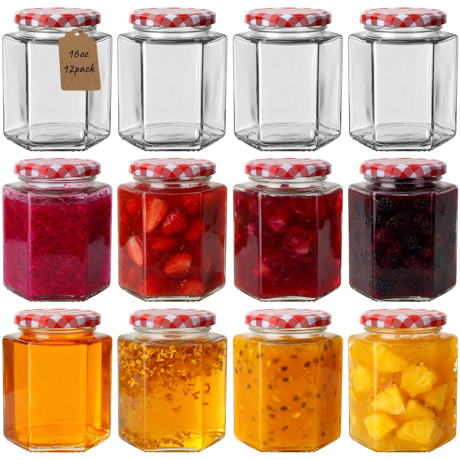 HYCKee 12-Pack 450ml Hexagon Glass Jam Jars with Airtight Lids – Wide Mouth, Leakproof Storage Jars for Homemade Preserves, Pickles, Candles & Crafts