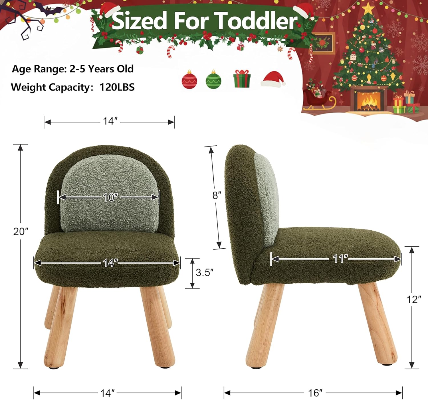 Kid Chairs Sherpa Toddler Chairs Comfy Kids Desk Chair, Wood Toddler Couch Sofa, Soft Kid Reading Chair with Padded Back, Boy Girls Chair for Deskk, Desk Chair for Kids Bedroom/Playroom, Green