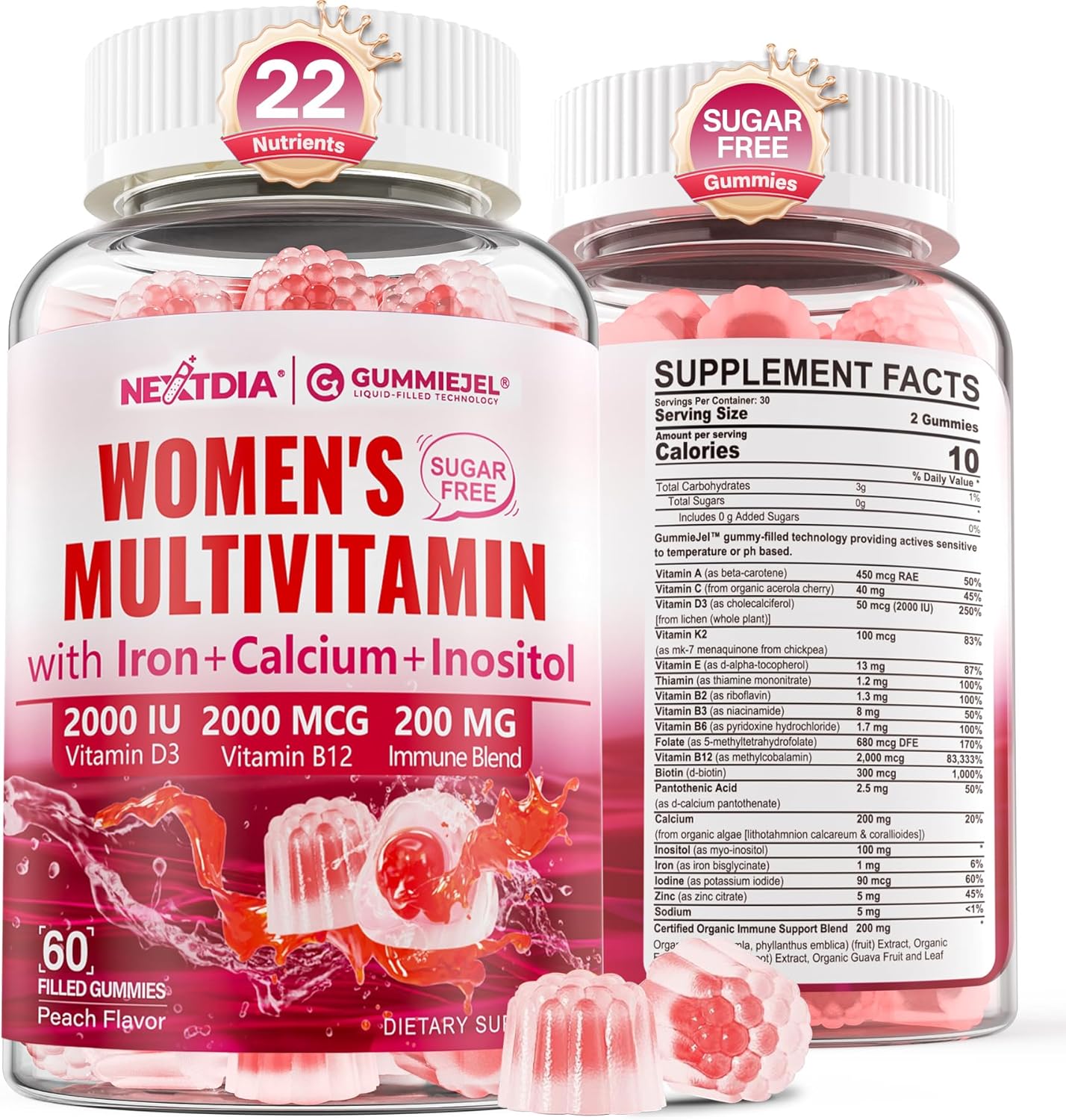 Methylated Multivitamin for Women Gummies, Calcium, D3 K2, Methylfolate & B12, Inositol, Daily Vitamin A, C, E, B Complex, Biotin, Iron – Energy, Immune, Bone, Skin, Hair – Vegan, Sugar Free, 60 Count