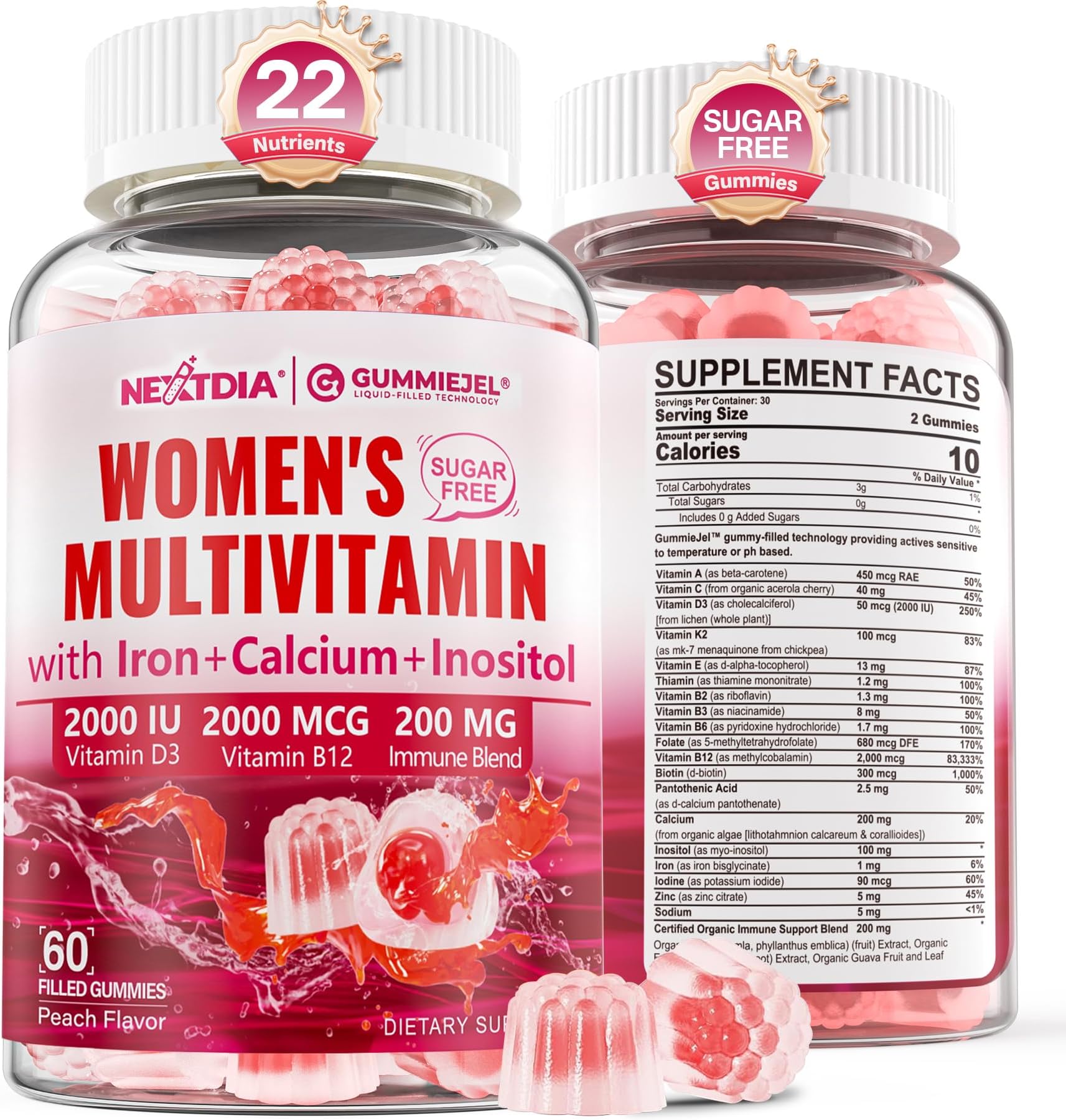 Methylated Multivitamin for Women Gummies, Calcium, D3 K2, Methylfolate & B12, Inositol, Daily Vitamin A C E, B Complex, Biotin, Zinc, Iron -Energy, Immune, Bone, Skin, Hair, Sugar Free, 60Cts