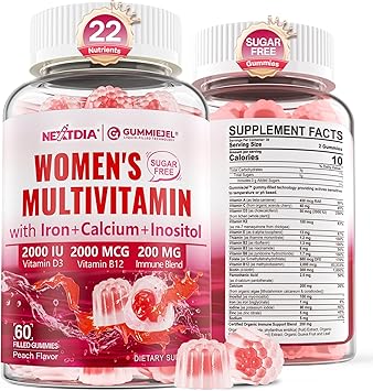 Methylated Multivitamin for Women Gummies, Calcium, D3 K2, Methylfolate & B12, Inositol, Daily Vitamin A C E, B Complex, Biotin, Zinc, Iron -Energy, Immune, Bone, Skin, Hair - Vegan, Sugar Free, 60Cts