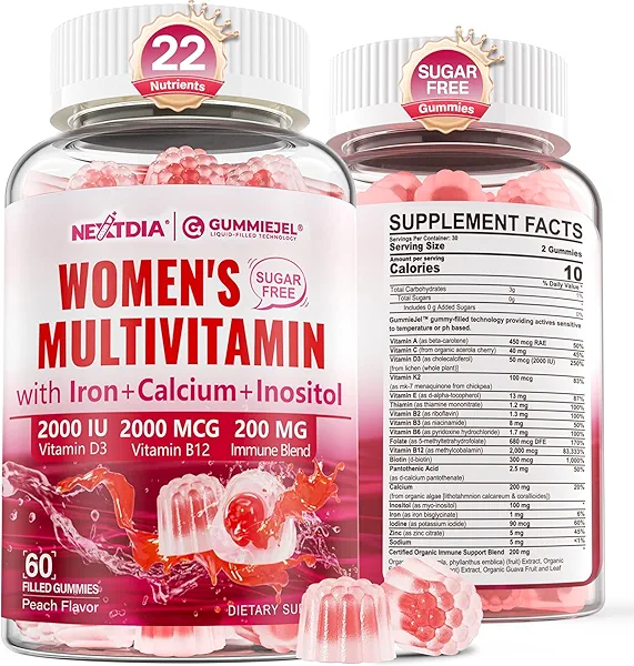 Methylated Multivitamin for Women Gummies, Calcium, D3 K2, Methylfolate & B12, Inositol, Daily Vitamin A, C, E, B Complex, Biotin, Iron - Energy, Immune, Bone, Skin, Hair - Vegan, Sugar Free, 60 Count
