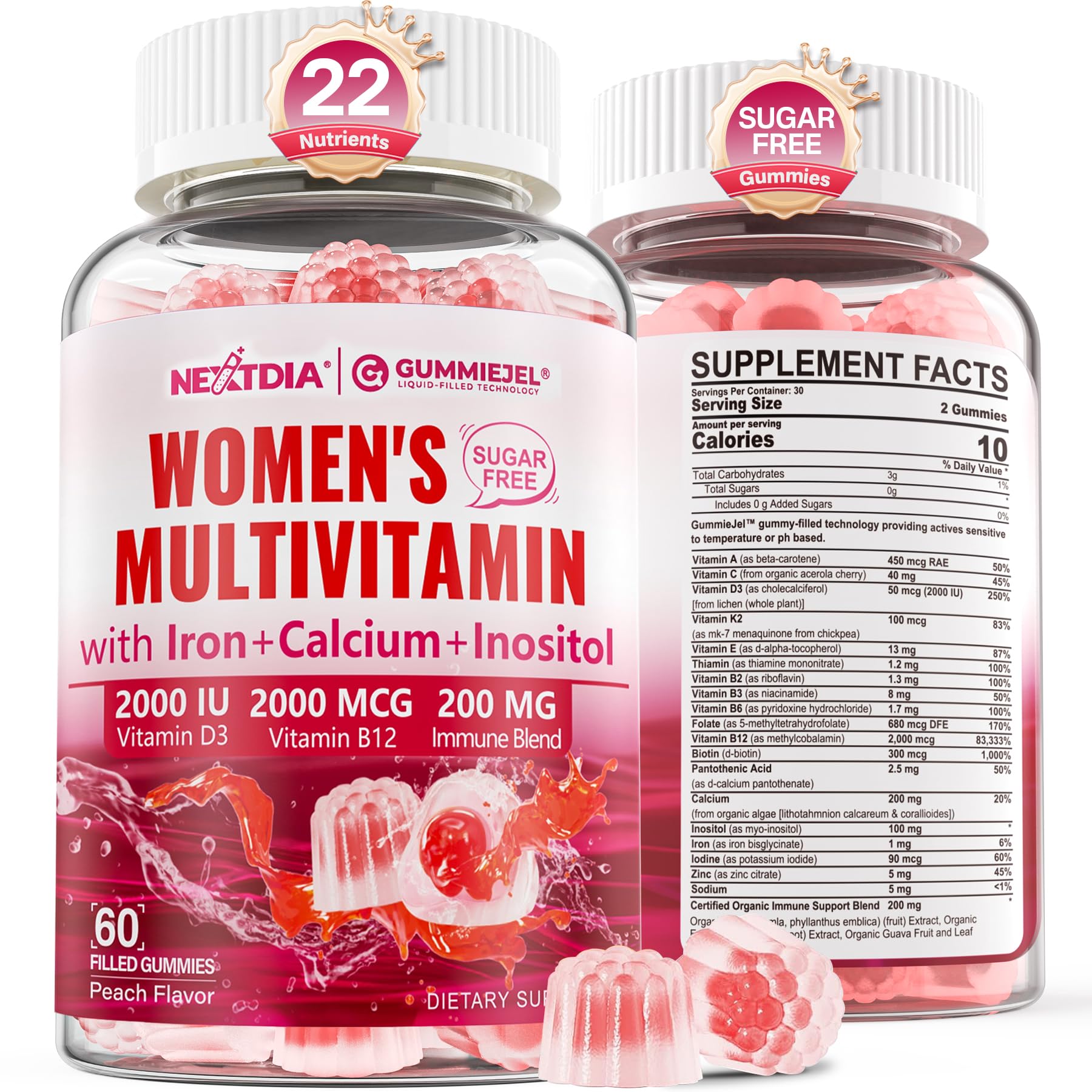 Methylated Multivitamin for Women Gummies, Calcium, D3 K2, Methylfolate & B12, Inositol, Daily Vitamin A, C, E, B Complex, Biotin, Iron - Energy, Immune, Bone, Skin, Hair - Vegan, Sugar Free, 60 Count