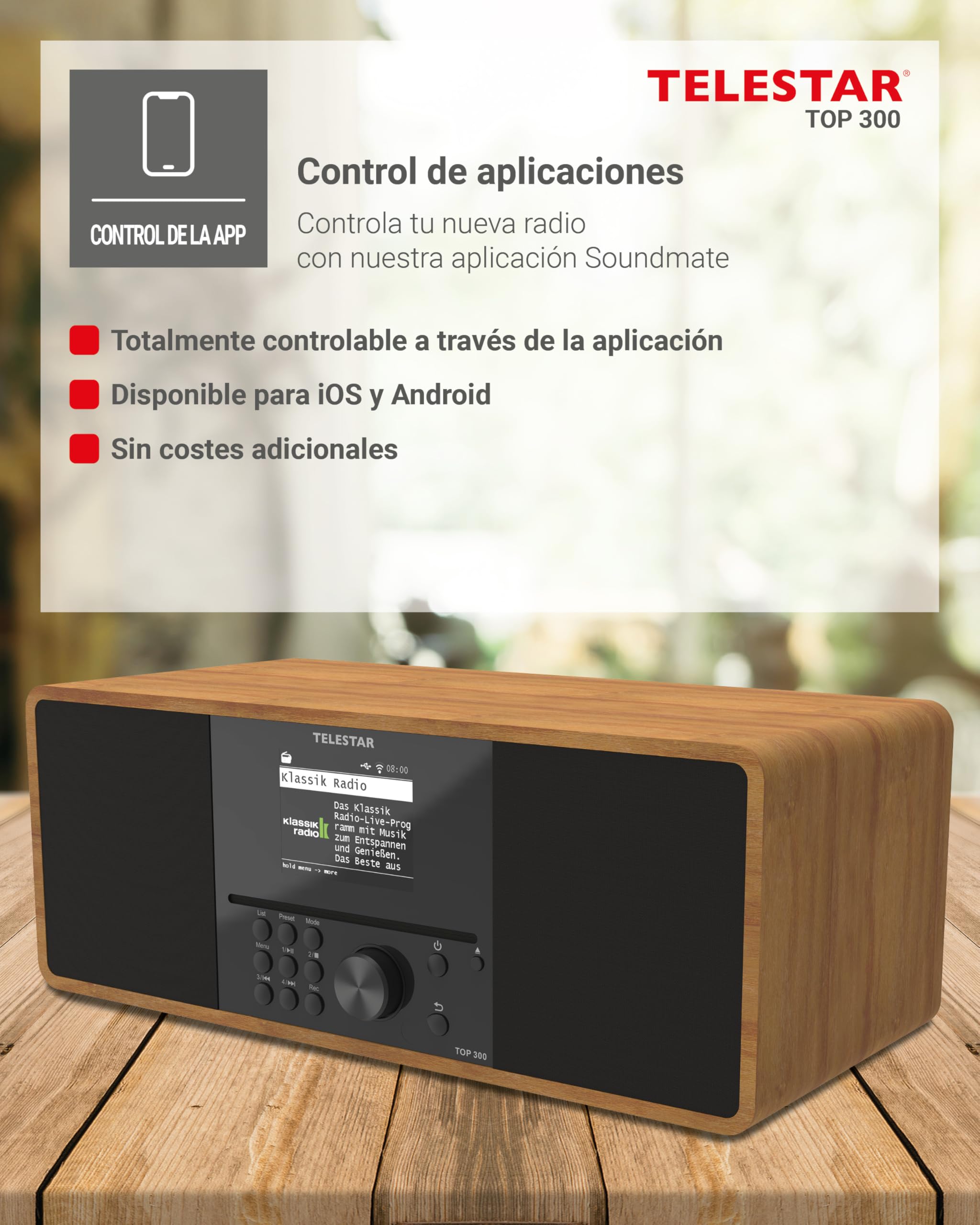 TELESTAR Top 300 – Radio Dab+/Internet con CD, estéreo – Madera | 2 × 15 W, servicios de streaming, Bluetooth audio & función de transmisión, grabación USB, sistema de alerta de emergencia