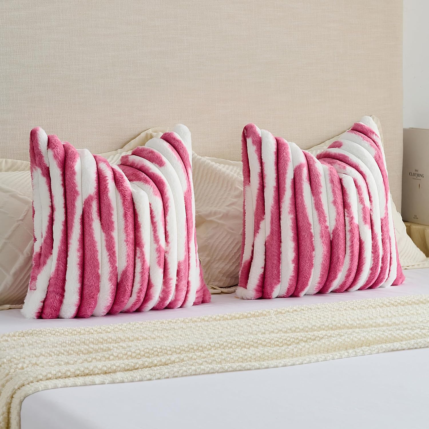 FUTEI Pack of 2 Faux Fur Plush Throw Pillow Covers 24x24 Inch Soft Tie Dye Striped Textured Farmhouse Decorative European Cushion Covers Modern Home Decor for Couch Bed Living Room, Blush White