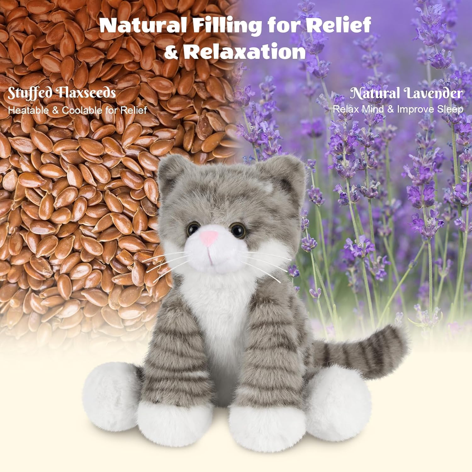 SuzziPals Heatable & Coolable Grey Cats Stuffed Animals, Microwave Heating Pad Animal for Discomfort, Grey Cats Plush for Companion, Cat Plushies Lavender Stuffed Animal, Stuffed Cat Toys Gift