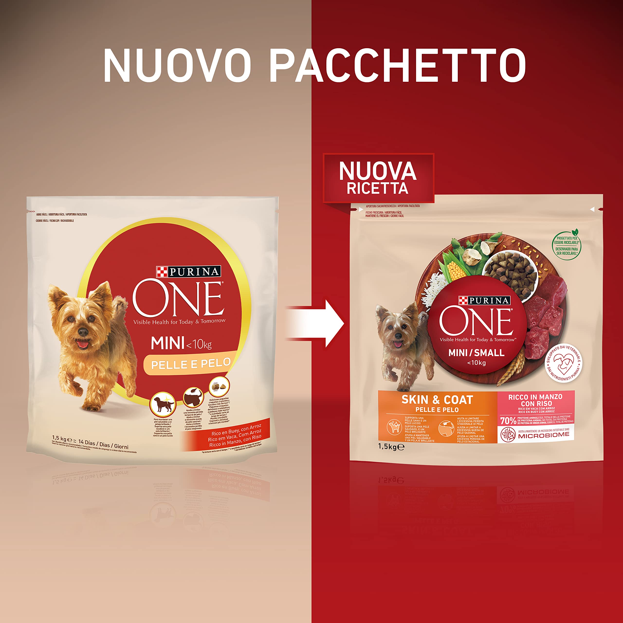 Purina One Mini < 10 kg Cuir et Poils Croquettes pour Petits Chiens Bœuf et Riz, 6 Boîtes de 1,5 kg