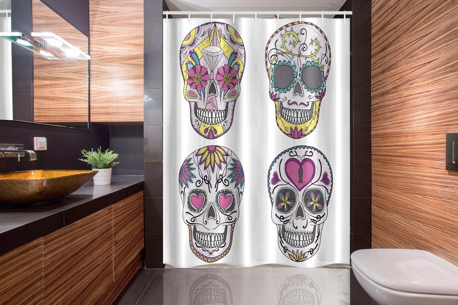 Ambesonne Skull Stall Shower Curtain, Colorful Ornate Mexican Sugar Shape Flower and Heart Pattern Calavera Humor, Fabric Bathroom Decor Set with Hooks, 54" W x 78" L, Plum Off White Pastel Yellow