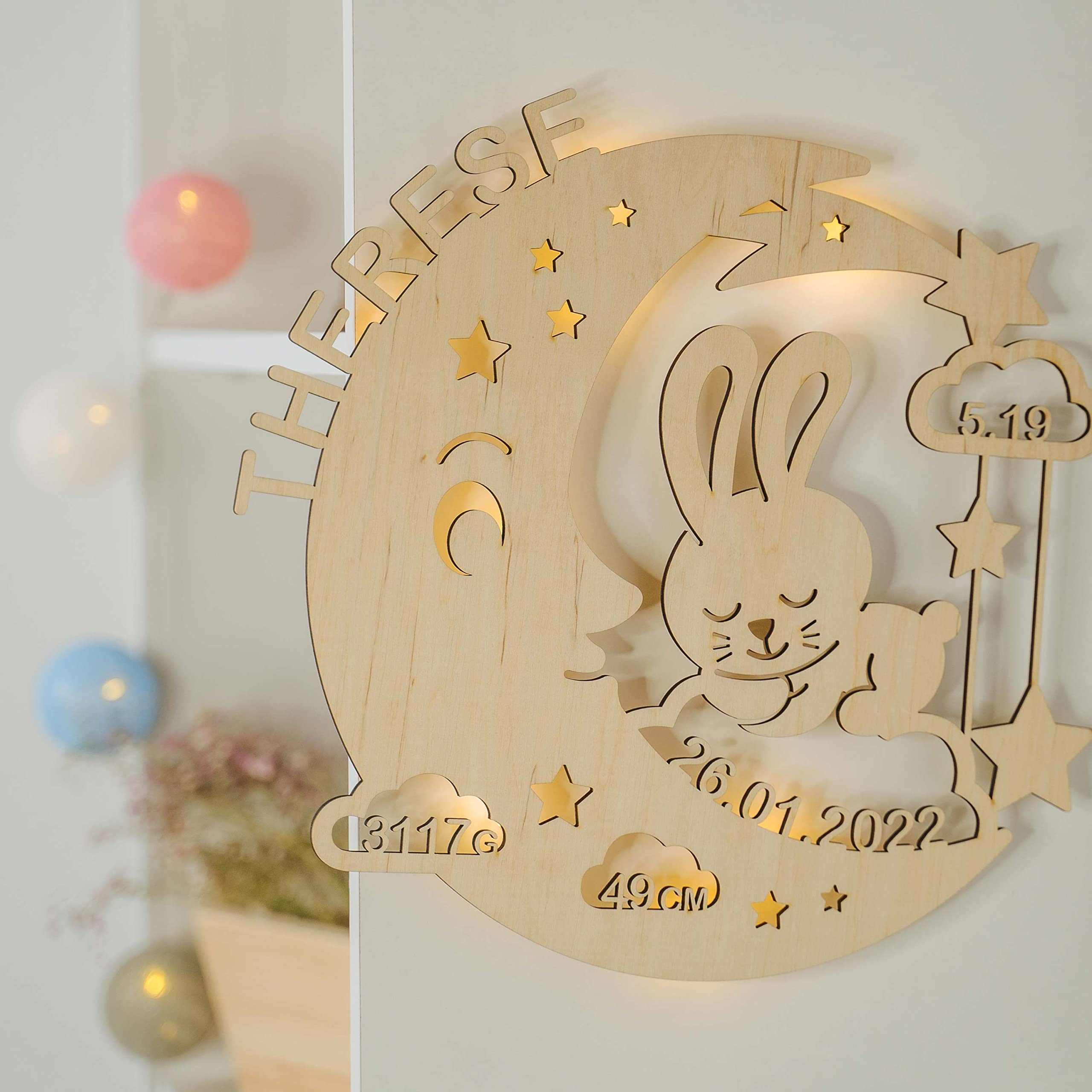 LAUBLUST Veilleuse pour bébés - Cadeau de naissance et de baptême personnalisé pour fille et garçon - Lapin de Lune | Naturel - Éclairage LED et lumière apaisante pour chambre d'enfant | 2 Tailles