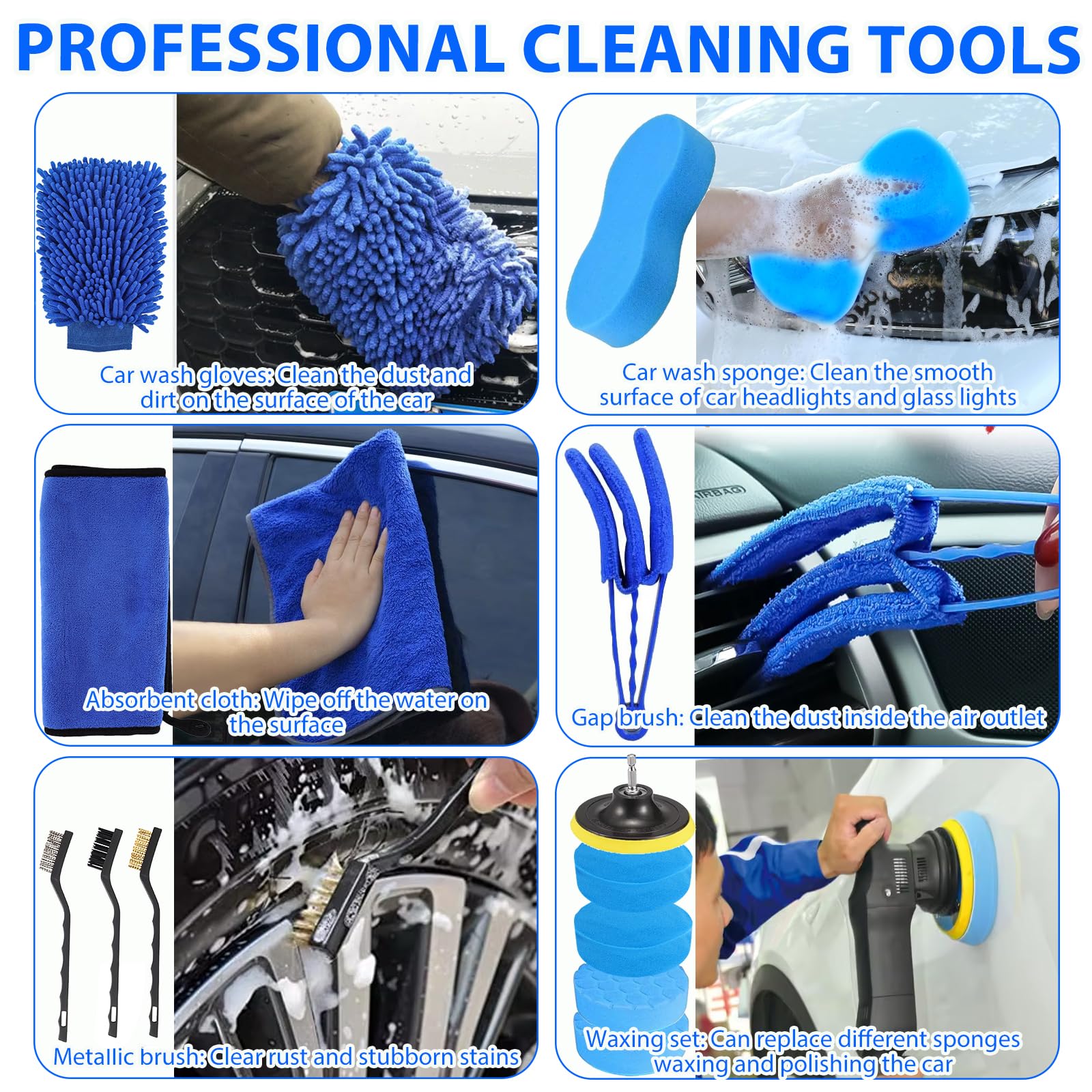 Kit de lavado de coche de 34 piezas, kit de limpieza de coche, juego de cepillos de taladro para detalles de automóviles, cera de coche, guante de lavado para coche, motocicleta, bicicleta, limpieza