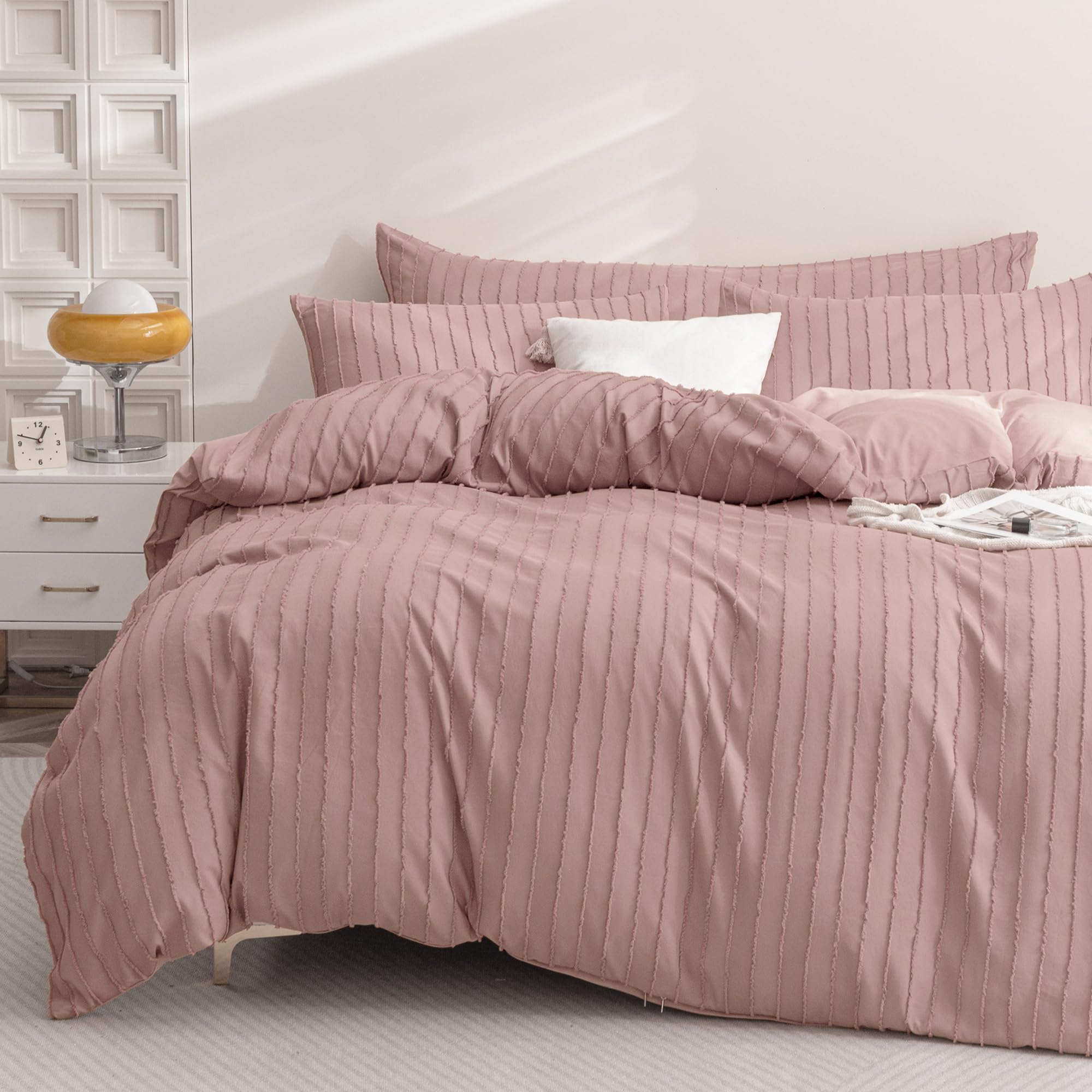 JELLYMONI Duvet Cover Full Size Smokey Pink - 3PCS Boho Striped Duvet Cover Set Polyester Tufted Bohemian Textured Comforter Cover 80×90in with Corner