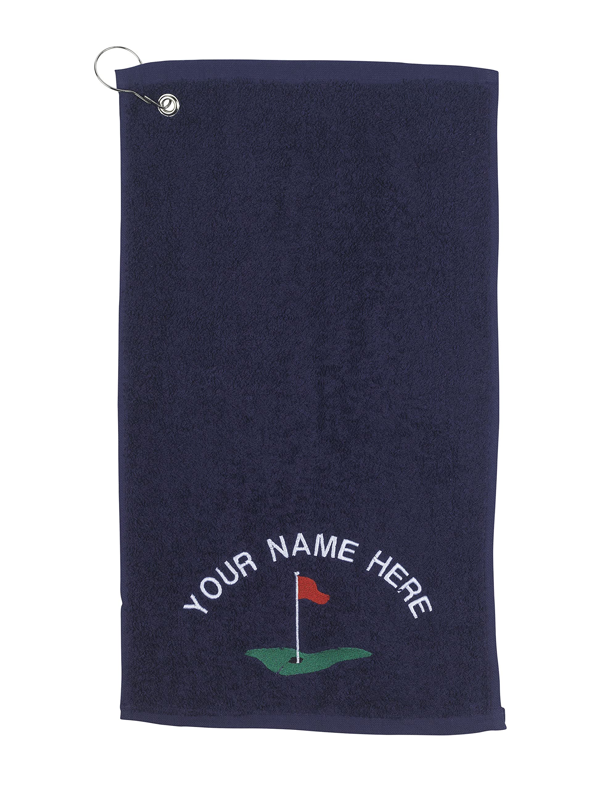 Personalised Golf Towel Plus 10 Tees - Golf Towels for Golf Bags with Metal Carabiner Clip - Embroidered Golfers Gift for Dad Husband Him Her - Navy