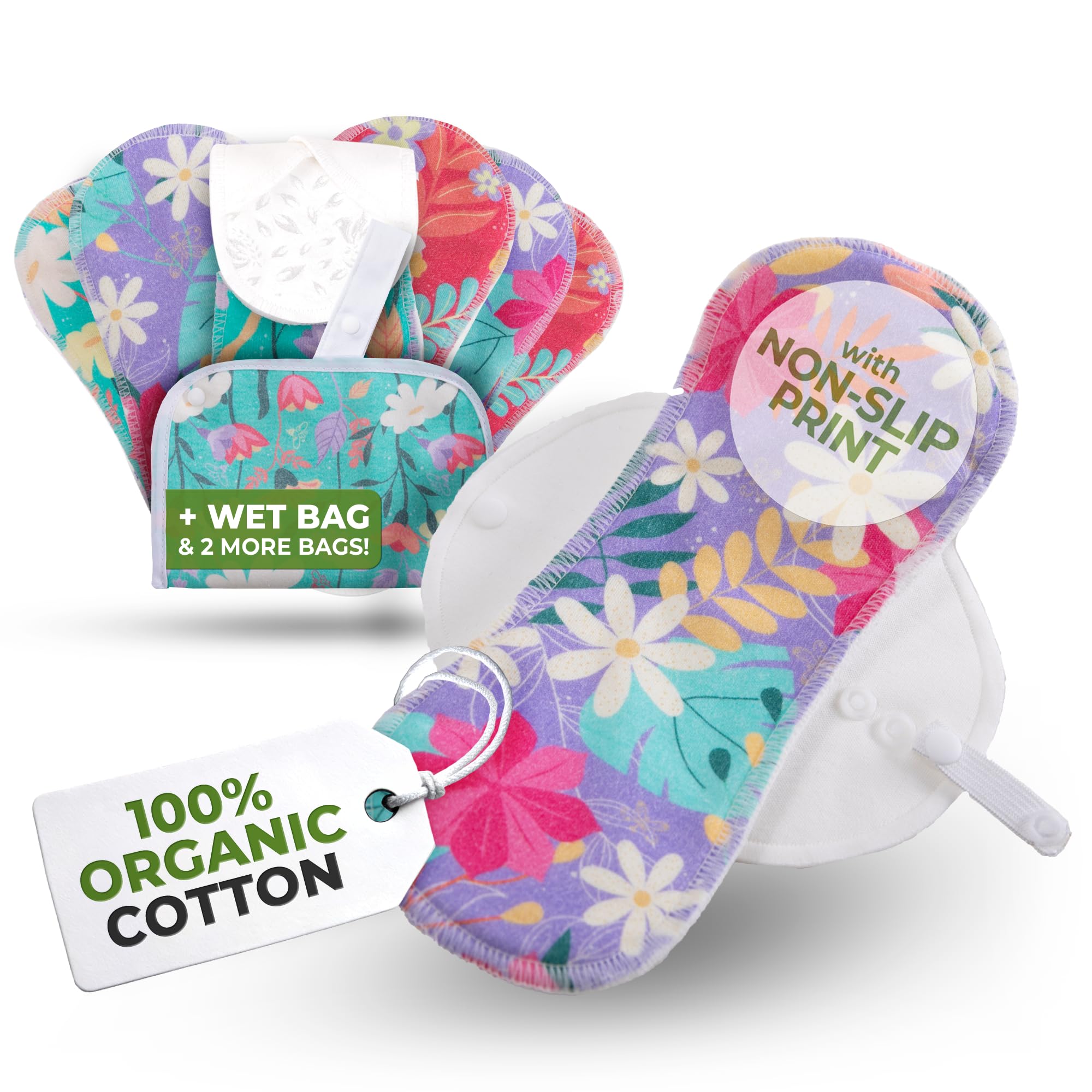 Non-Slip (Premium) Reusable Organic Panty Liners for Women & Teens (Small 7-Pack) – Breathable, High-Temp Washable Cotton Cloth Panty Liners for