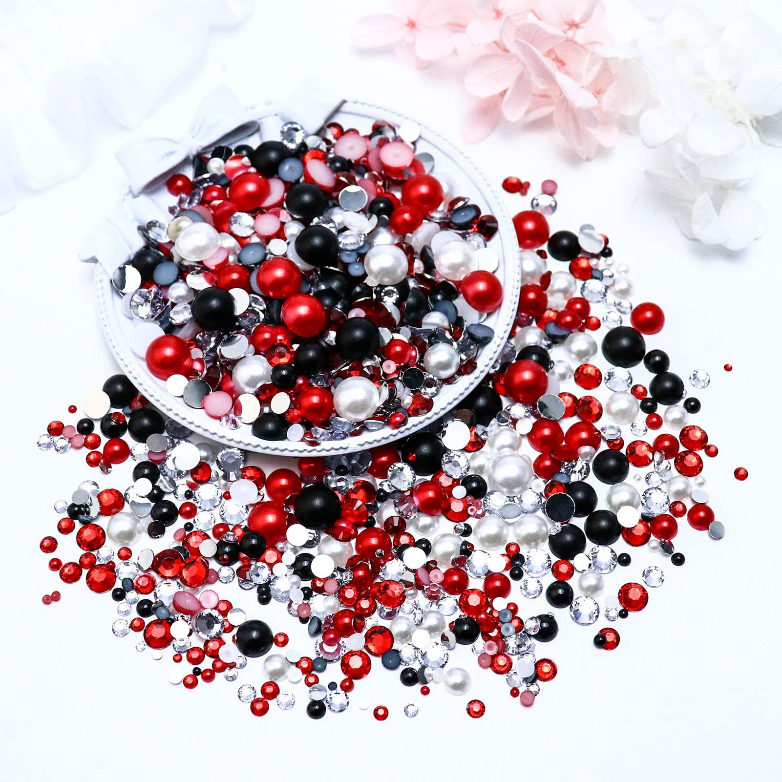 60g Mix Flatback Pearls & Rhinestones – 2mm-10mm Assorted Sizes For Crafts, Tumblers, Nails (Black/Gold/Yellow)