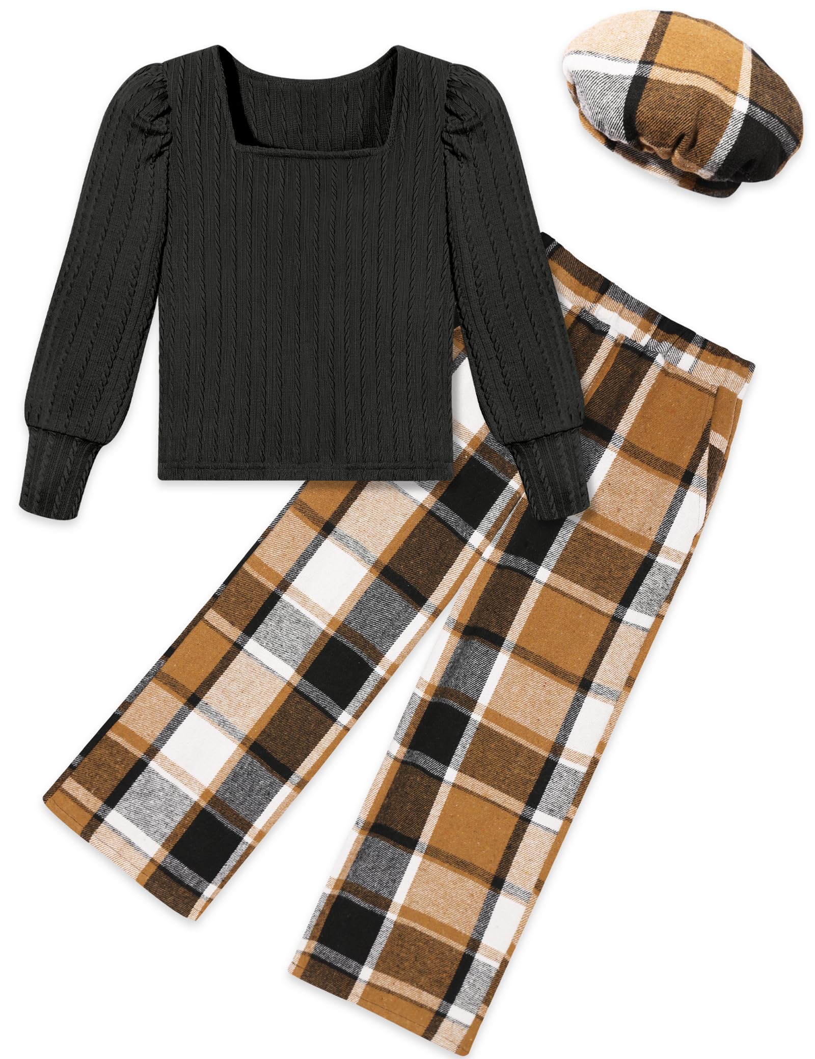 Jrbybazy Teen Girl Clothes Girls Outfits 3Pcs Square Neck Puff Sleeve Top Wide Leg Plaid Pants Kids Clothes Fall 6-14Y