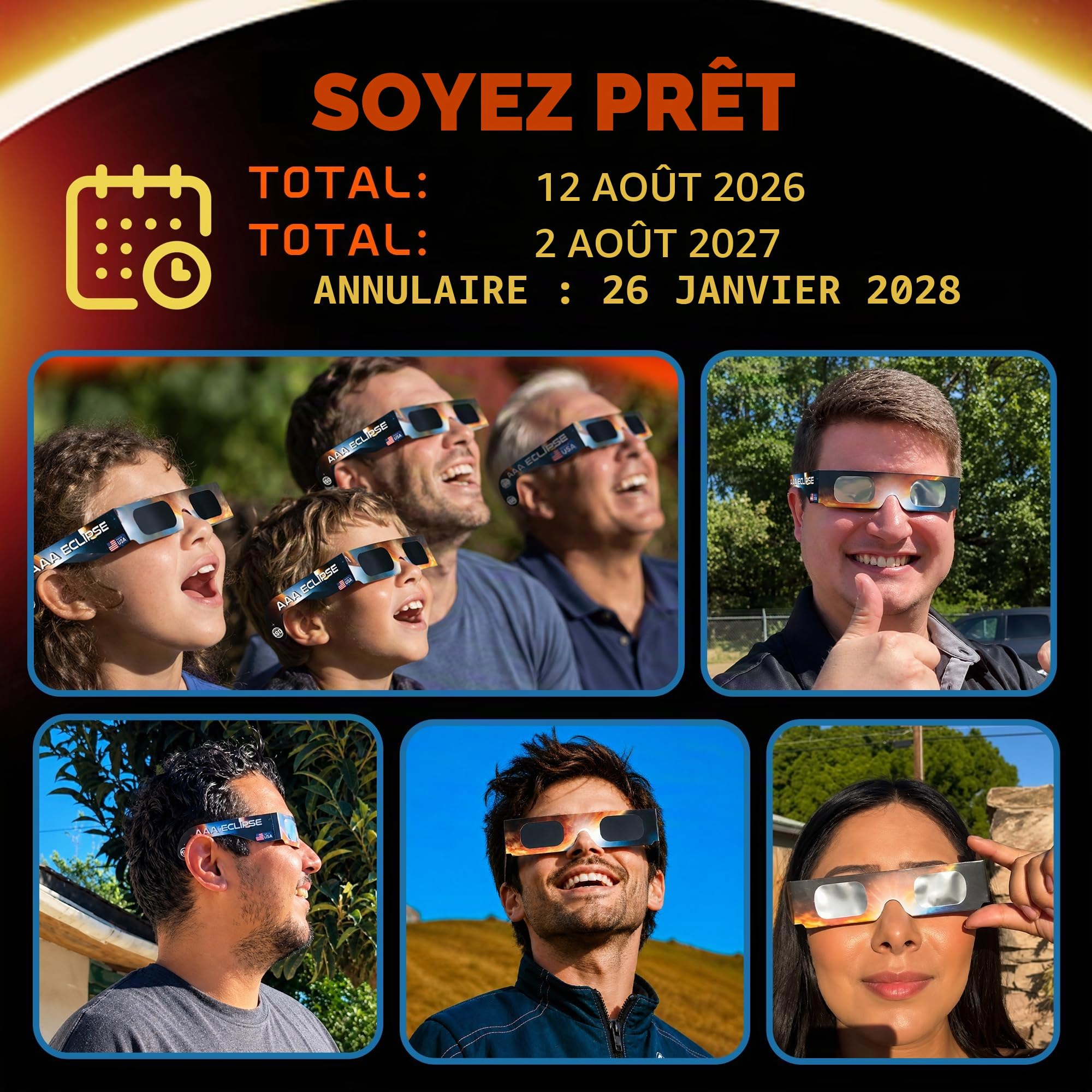 Lot de 50 Lunettes Éclipse Solaire certifiées CE ISO 12312-2 - Fabriquées aux États-Unis - Lunette éclipse solaire pour observation sécurisée - Solar Eclipse Glasses
