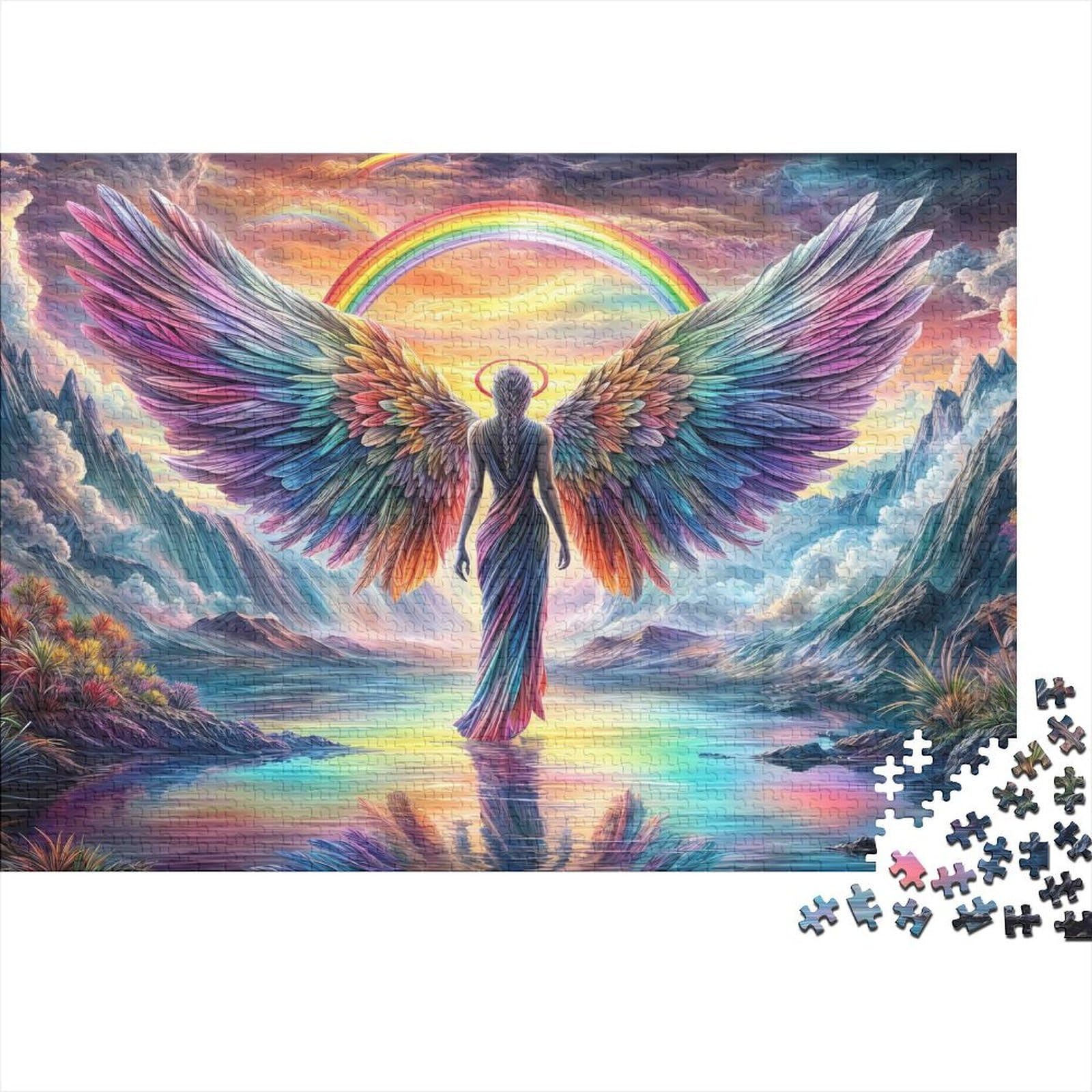 Colorful Winged Angel 1000 Piece Jigsaw Puzzle Paper for Adults Fantasy Rainbow Landscape Puzzle Game for Family Relax Decor Gift 38x26cm/1000pcs