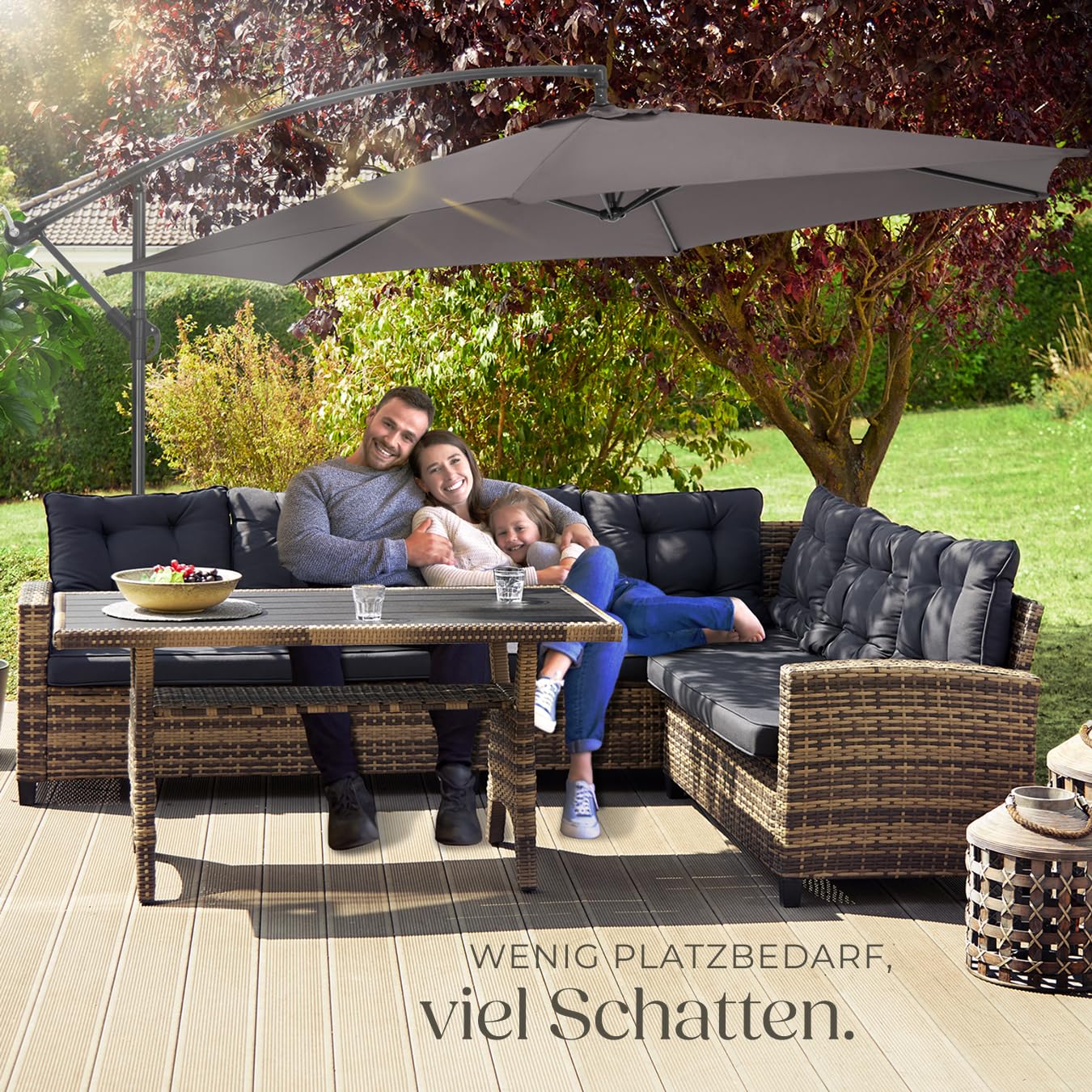 tectake Sonnenschirm mit Ständer, Ø 350 cm, Sonnenschutz für Balkon, Garten und Terrasse inkl. Schutzhülle, Ampelschirm groß mit Kurbel-Seilsystem, Schirm mit stabilem Gestell - grau