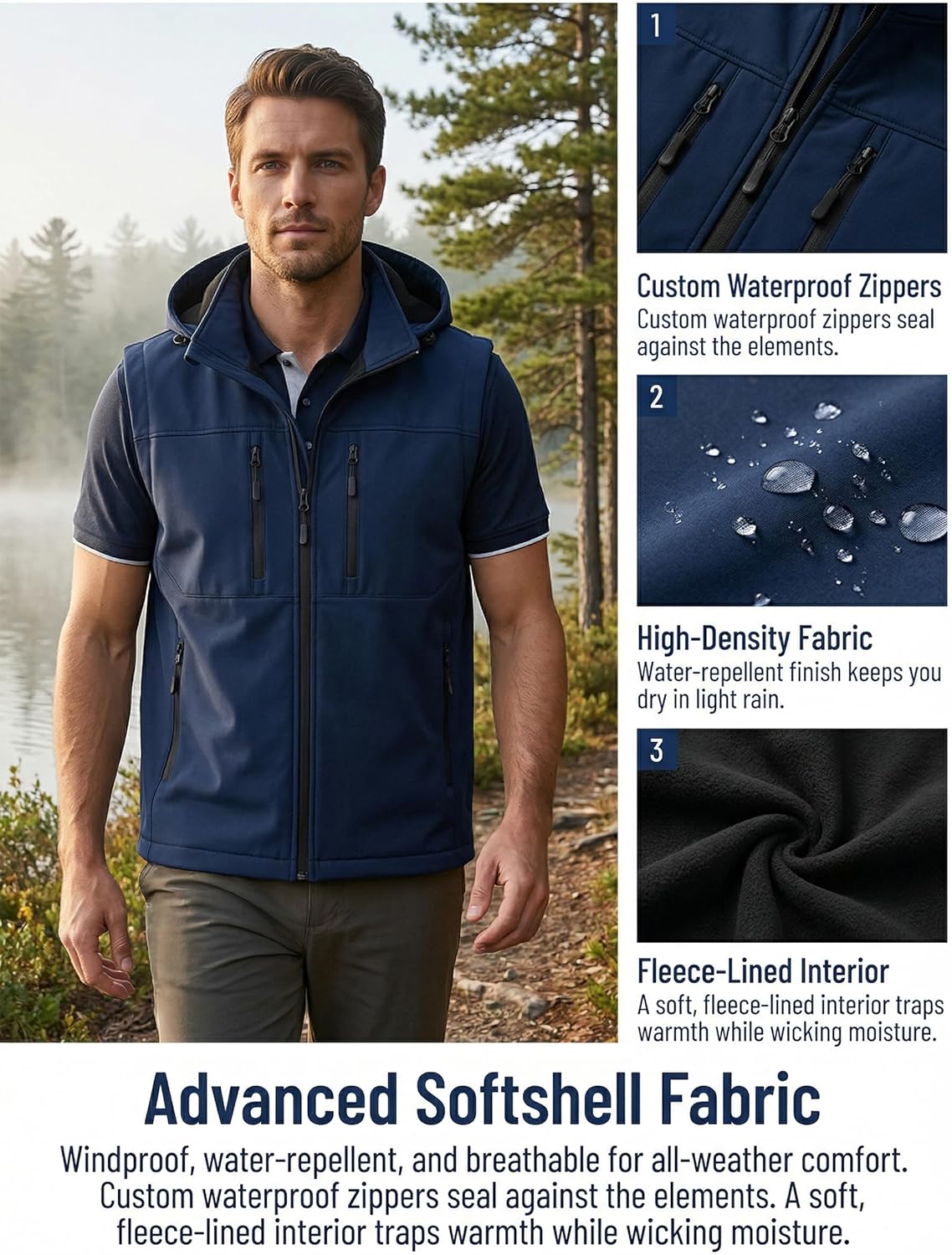 GGleaf Men's Softshell Vest Golf Vest with Hood Water-Resistant Breathable Running Vest for Hiking, Travel, Outdoor Sports