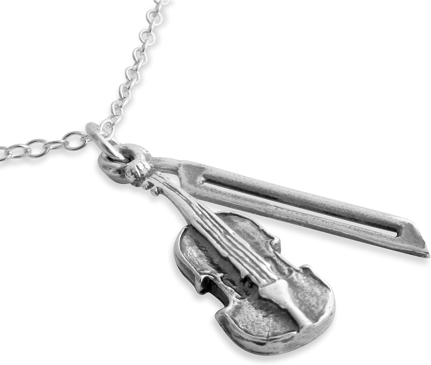 AZAGGI 925 Sterling Silver Pendant Necklace 3D Violin and Bow String Musical Instrument