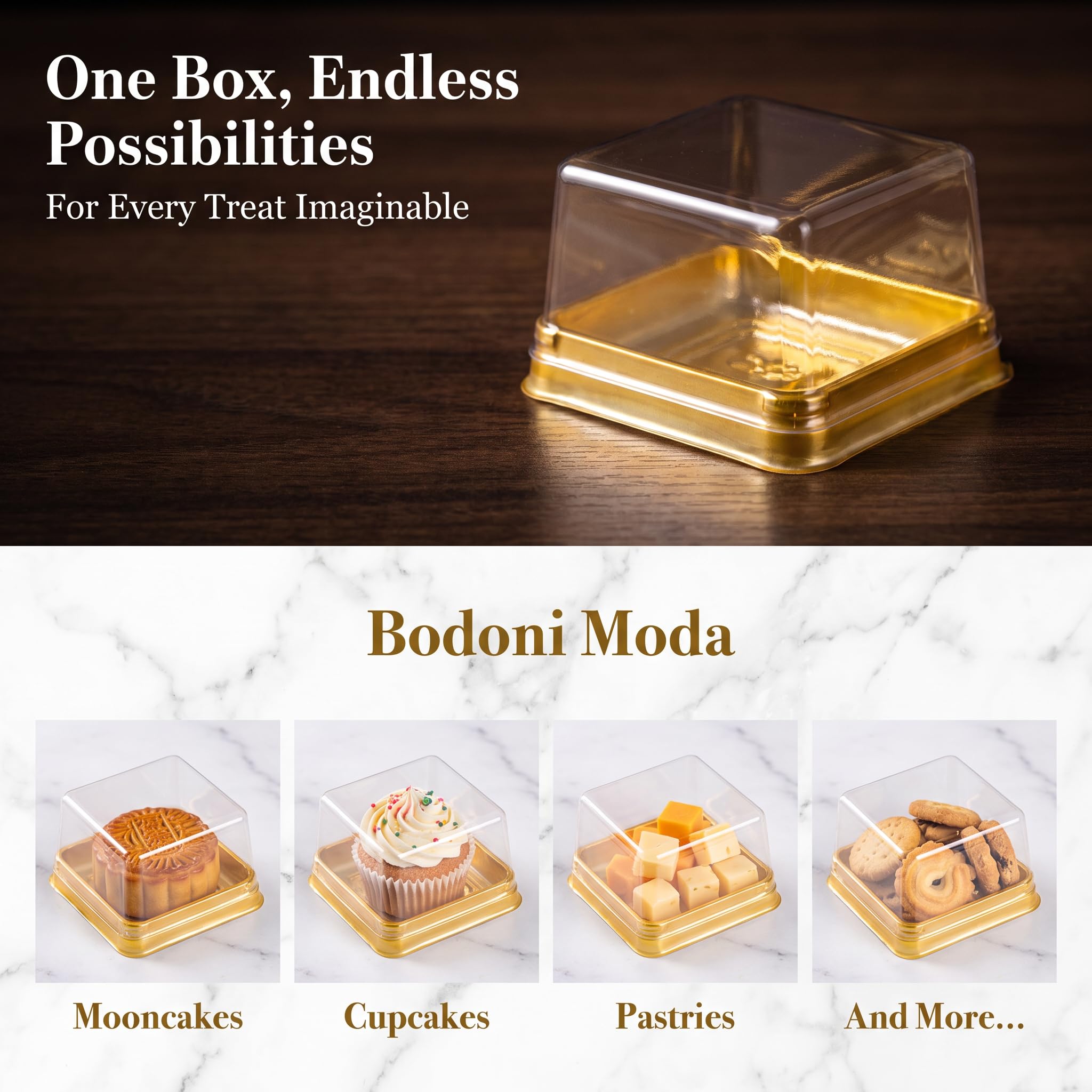 DOITOOL Transparente Mini-Kuchenbox aus Kunststoff, Muffinboxen, 100 Stück, quadratisch, Cupcake-Boxen, Muffin-Kapseln, Einzelbehälter, Box für Hochzeit, Geburtstag, Geschenke, Zubehör (Golden)