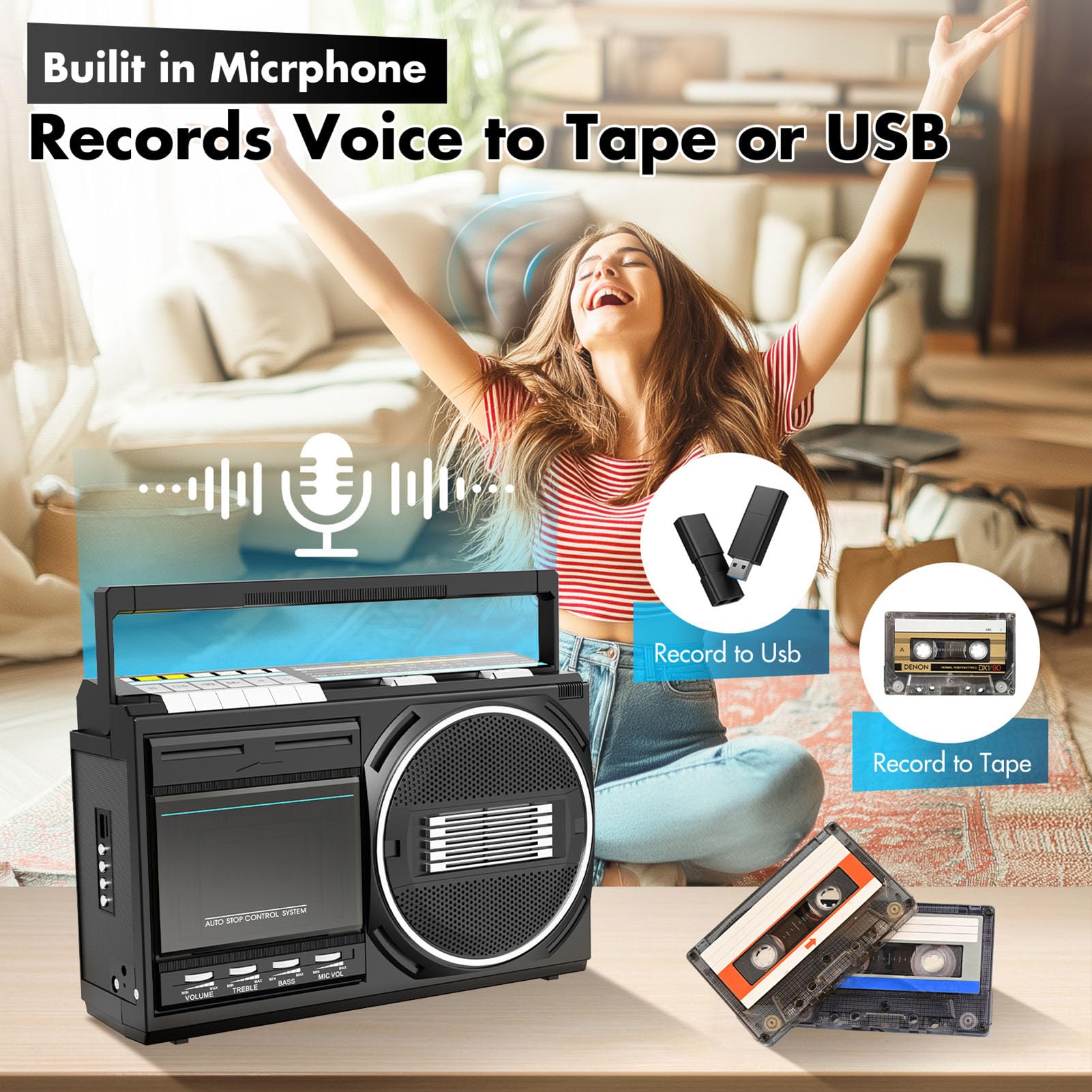 Annadue Magnetofon Kasetowy z Bluetooth, Boomboxy Stereo z Radiem AM FM SW, Konwersja Taśmy USB, Wbudowany Mikrofon, do Odtwarzania nagrań Muzycznych w Domu (Wtyczka UE 220 V)