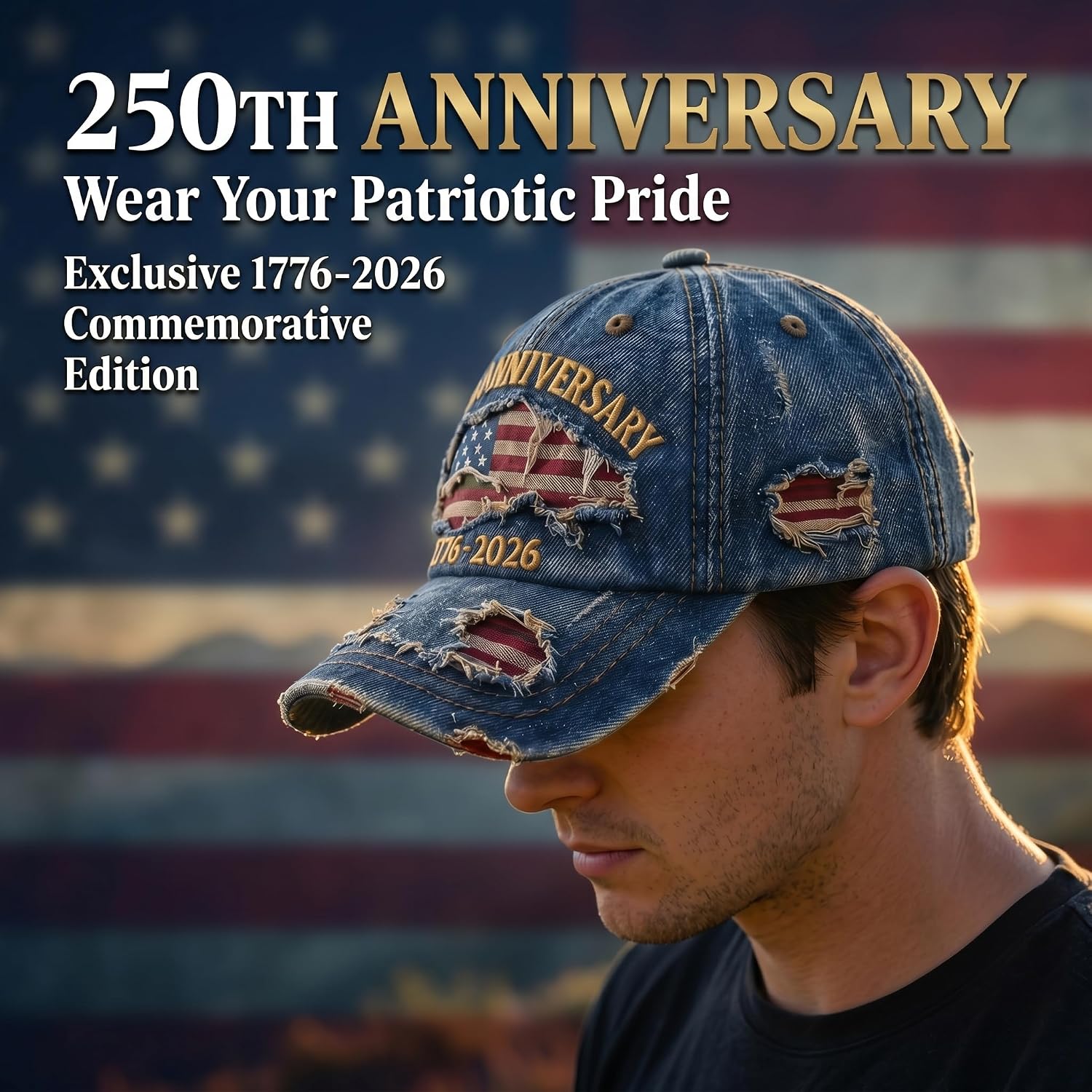 250th Anniversary USA Hat 1776-2026, Distressed Denim Patriotic Baseball Cap with Adjustable Fit, Gift for Dad Veterans Patriots, American Merchandise for Parade BBQ Road Trip Daily Wear Men Women