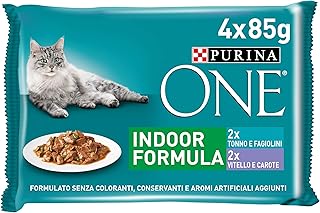 One Purina Umido Gatto Filettini in Salsa Indoor Formula con Vitello e Carote, con Tonno e Fagiolini - 48 Buste da 85 g Ciascuna (12 Confezione da 4 x 85 g)