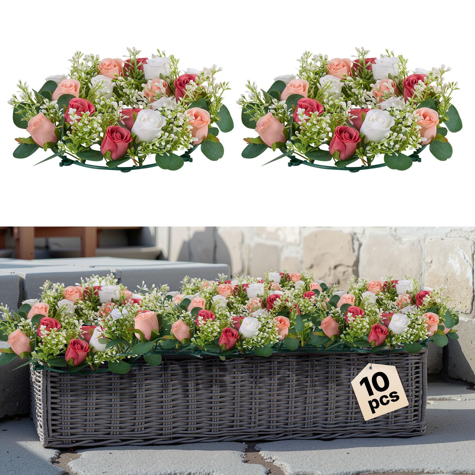 VEVOR Corona de Rosas Artificiales Realistas, Ideal como Centro de Mesa para San Valentín, Día de la Madre, Fiestas, Bodas y Decoración del Hogar, 10 Unidades, Rosas y Blancas, 340 x 340 x 90 mm