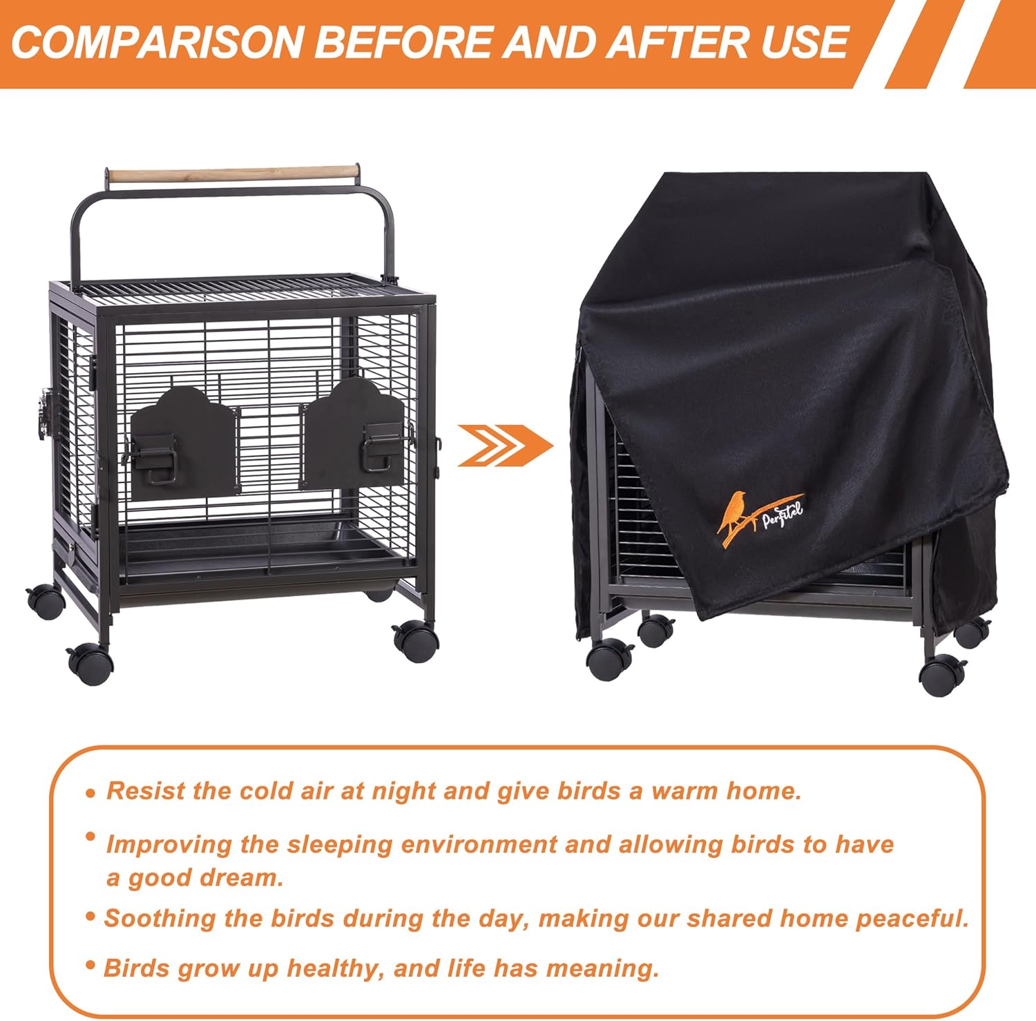 Small Bird Cage Cover(Black) Good Night Black-Out Cover for Birdcage with Roof Top Durable Breathable Washable Material (cage is not Included) (18.9" L x 15" W x 25.6" H, L Shape)