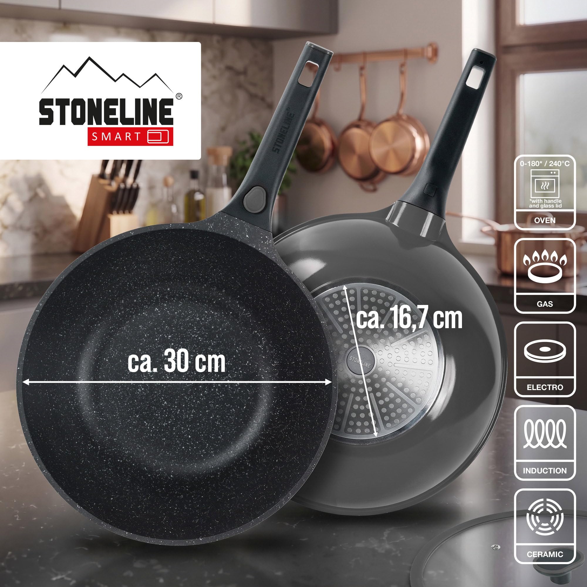STONELINE SMART Padella Wok 30 cm, 4,8 L Padella Induzione Grande con Coperchio, Manico Removibile, Alluminio Pressofuso, Tutti Piani Cottura, Antiaderente con Vere Particelle di Pietra, Grigio