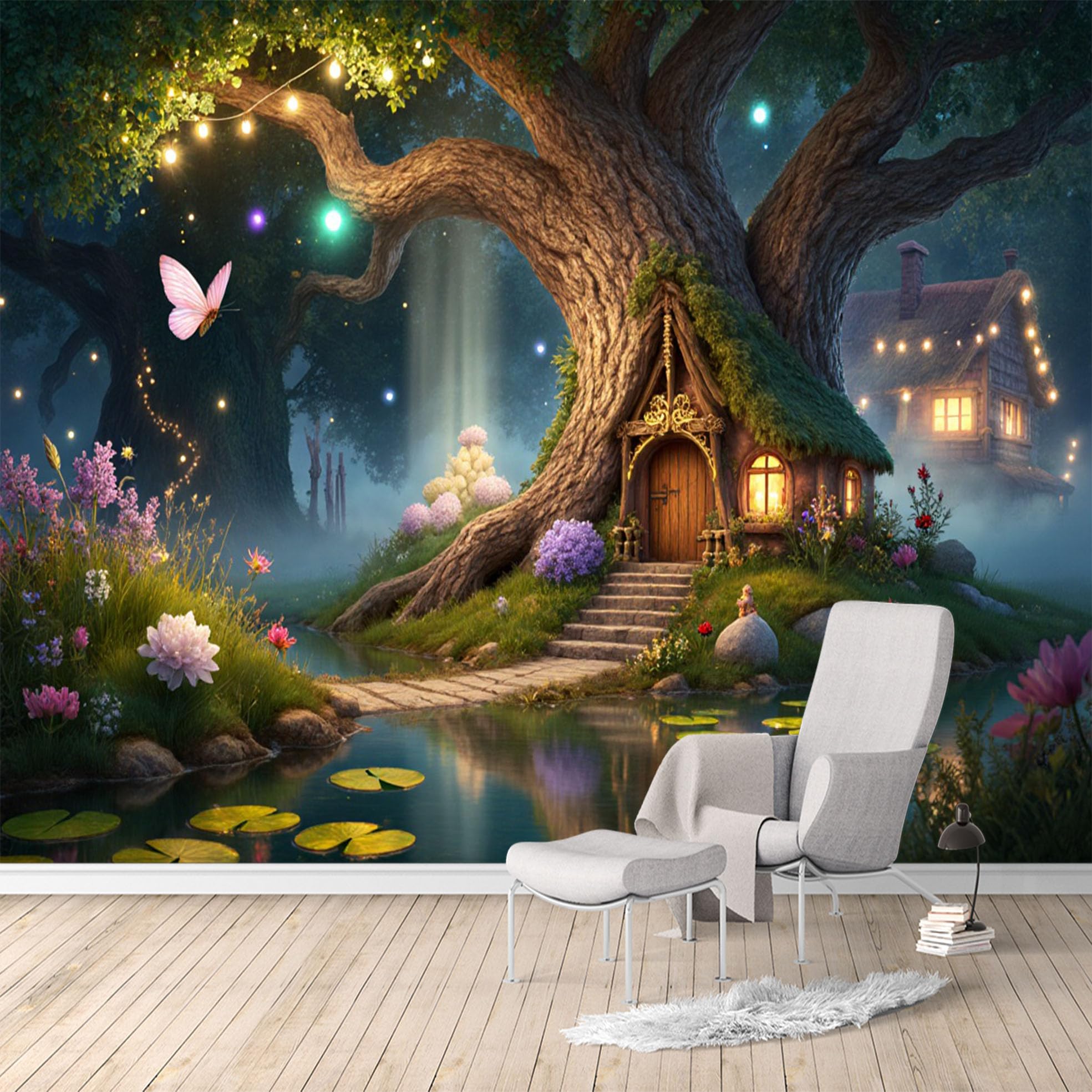 Custom Size Wall Murals, Enchanted Fairy Treehouse Forest, SelfAdhesive Water Activated Removable Wall Covering, Large Photo Wallpaper for Living Room Bedroom Office