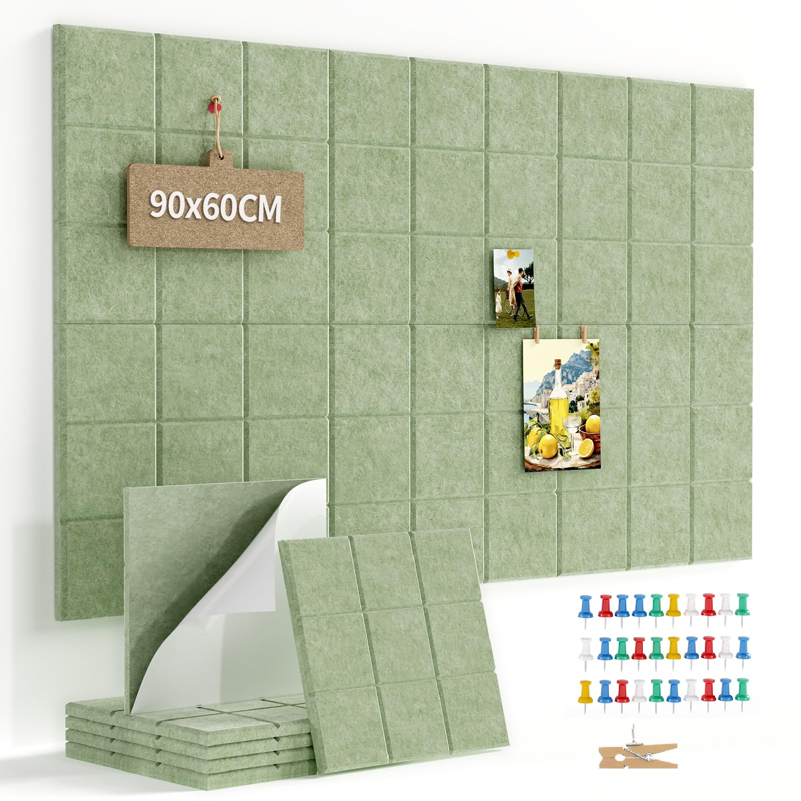 Uoisaiko 90 x 60cm Large Felt Pin Board for Walls, 6 Pack DIY Bulletin Board Tiles, 0.9cm Thick Cork Board Alternative with 30 Push Pins, Acoustic Vision Board for Office, School & Home Decor, Green — image 1