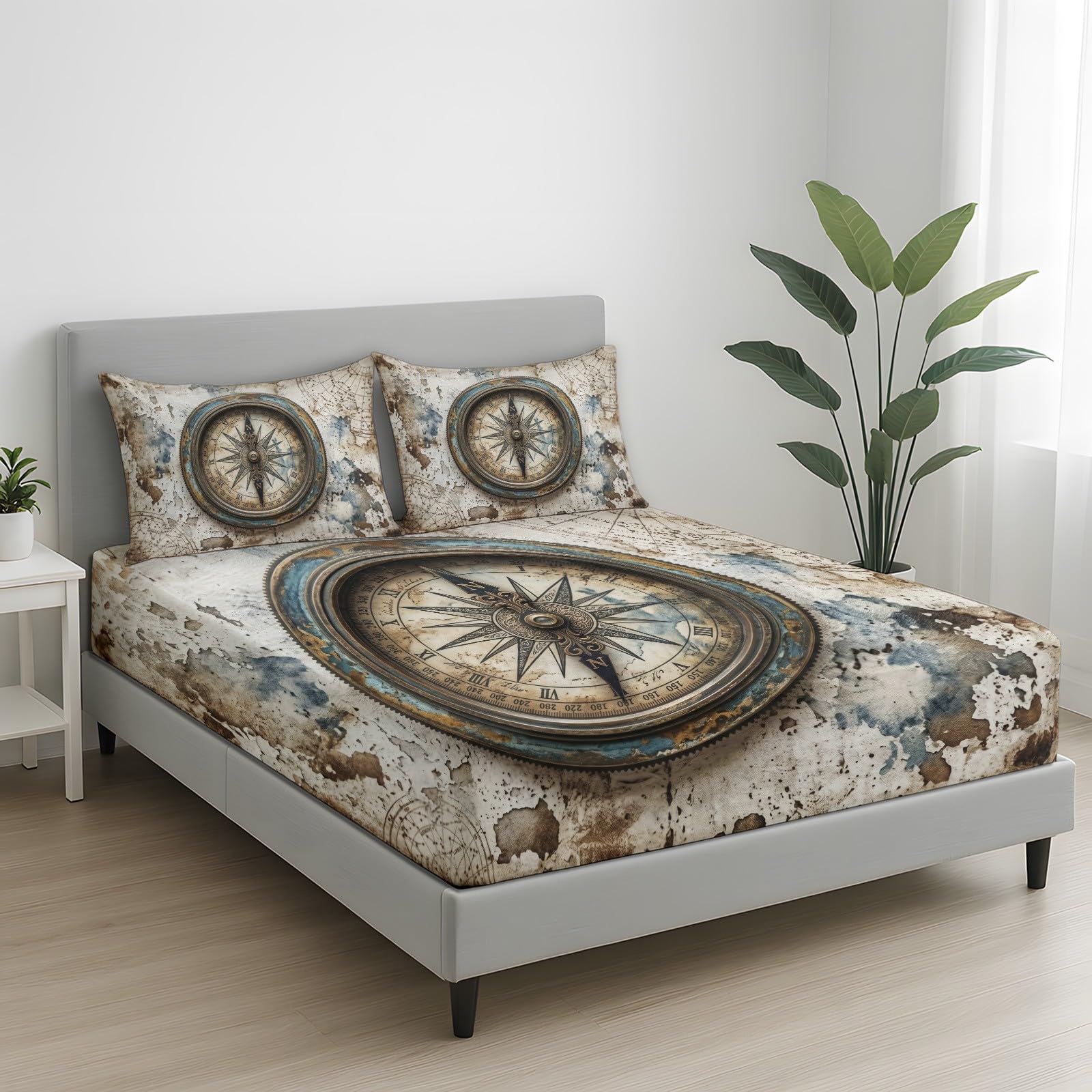 Brújula - Sábana bajera de 90 x 200 cm, gorro de 30 cm, juego de cama vintage de pared con textura para niños, adolescentes, adultos, sábana de microfibra suave, funda de colchón