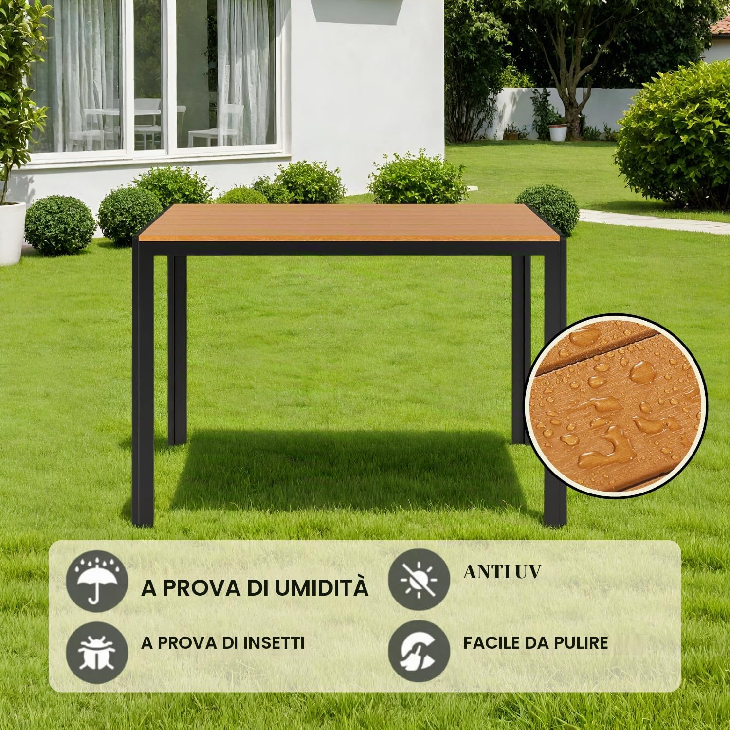 Clevich Tavolo da giardino 110x70 cm in alluminio e WPC - Tavolo da balcone resistente a intemperie, calore e condizioni atmosferiche per terrazzo e esterni