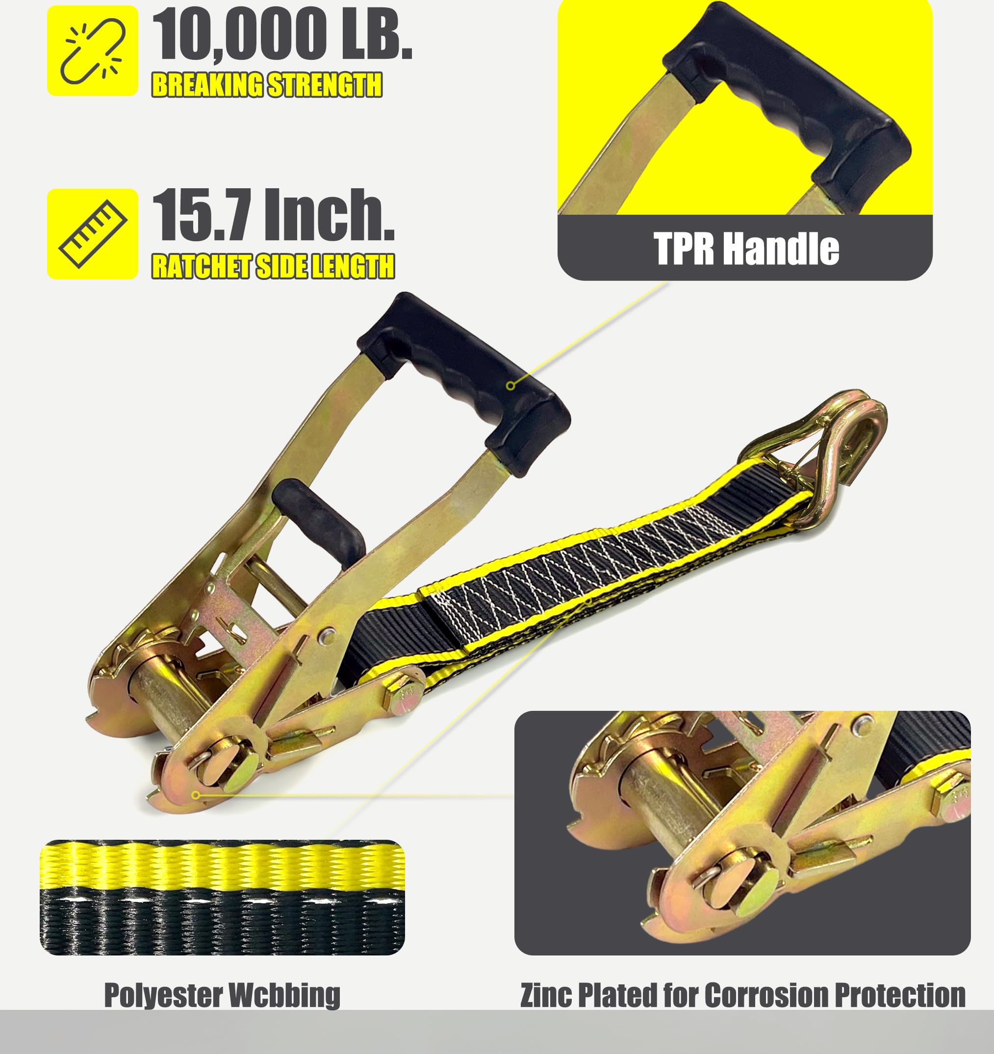 KJE Wytrzymałe paski mocujące do przyczep samochodowych z odblaskowymi - (4) pasy z grzechotką 5,1 cm x 3 m + haki J z klipsem, (4) pasy osi 5,1 x 91,4 cm – odporność na