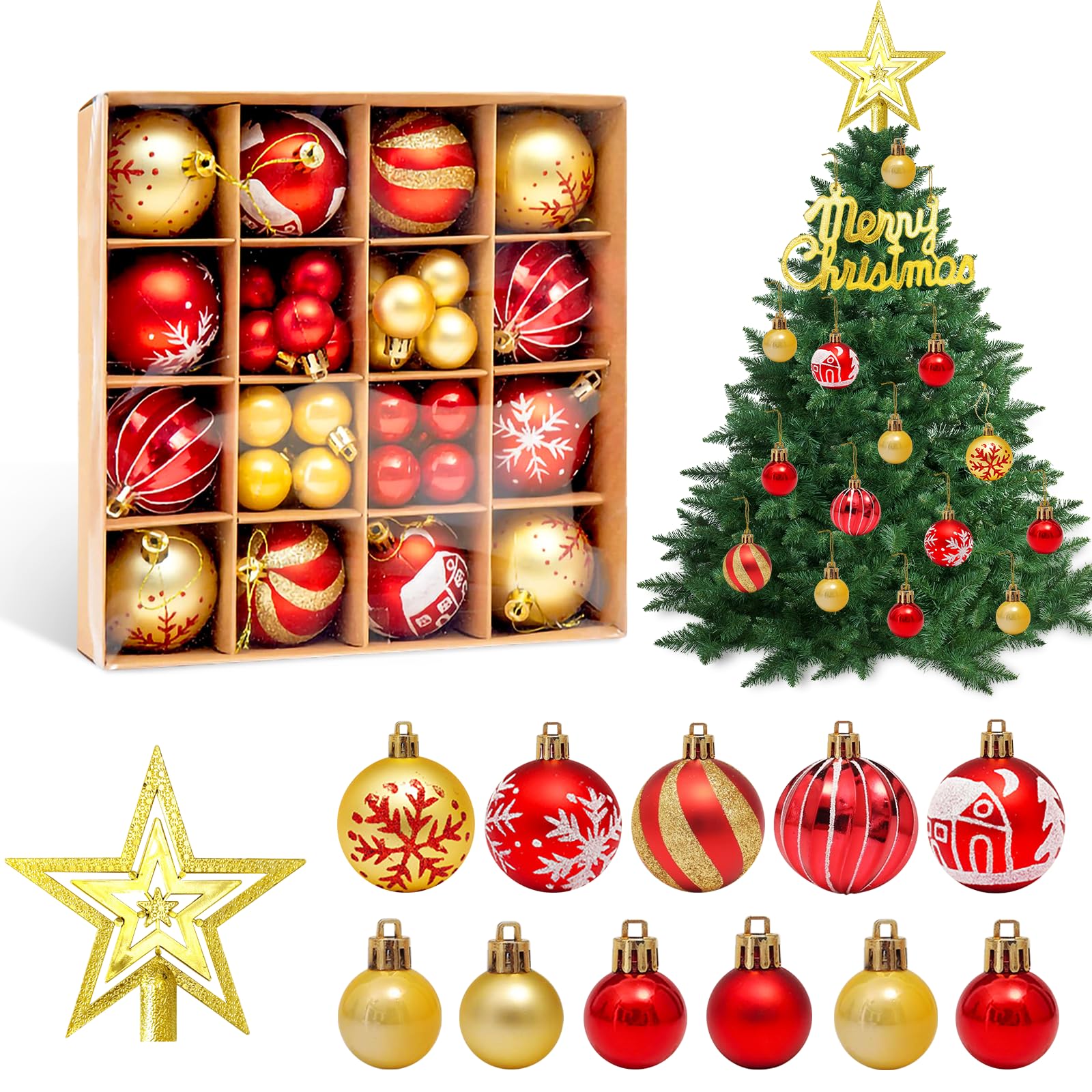 TOSUTO Juego de 44 Bolas de Navidad Doradas y Rojas,Decoración Navideña,Adornos Arbol Navidad con Copas de árbol ahuecadas,Estrellas y Tablero del Alfabeto,adecuados para Navidad,Fiestas y Fiestas