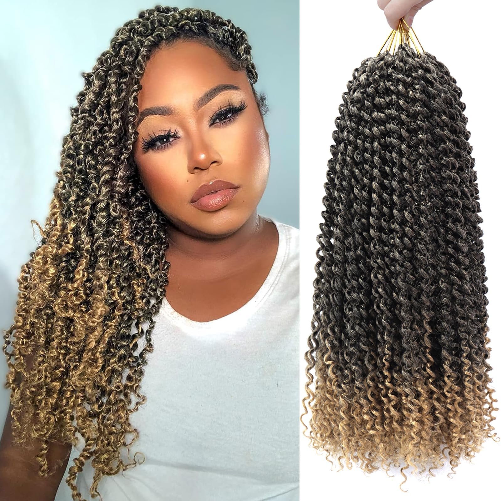 Dorsanee Ombre Honey Blonde Passion Twist Hair 18 Inch 7 Packs Water Wave Crochet Hair Long Bohemian Curly Braiding Hair for Butterfly Locs, Faux Locs, Boho Style Spring Twist Crochet Braids (T27#)