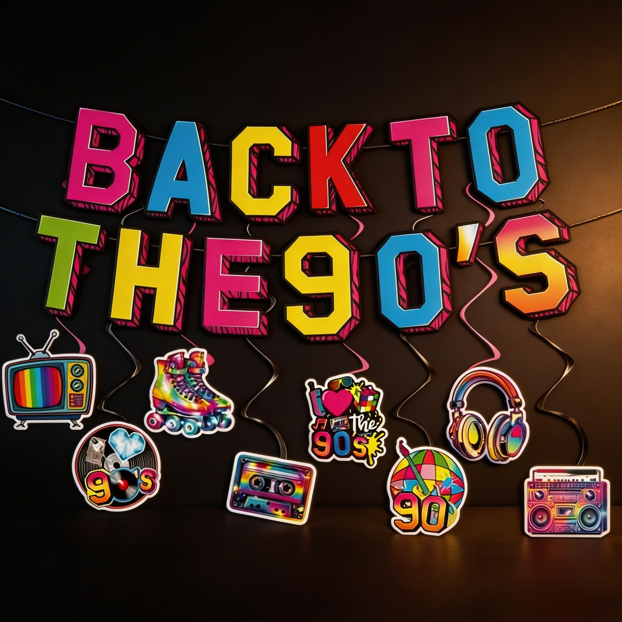 90s Retro Party Decorations - Back to The 90's Banner with Spiral Hanging Decorations - Easy to Hang Adult Party Supplies for Nostalgic Theme Events