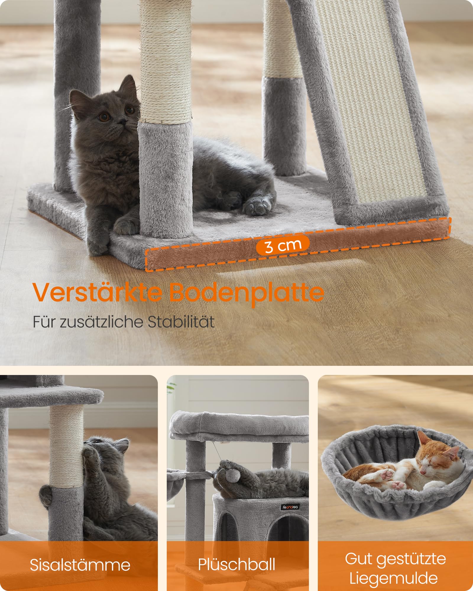 Feandrea Kratzbaum, 96 cm hoch, Katzenbaum mit großer Plattform, Katzenkratzbaum mit Katzenhöhle, Hängematte, Kratzrampe, Plüschball, weicher Plüsch, hellgrau PCT51W